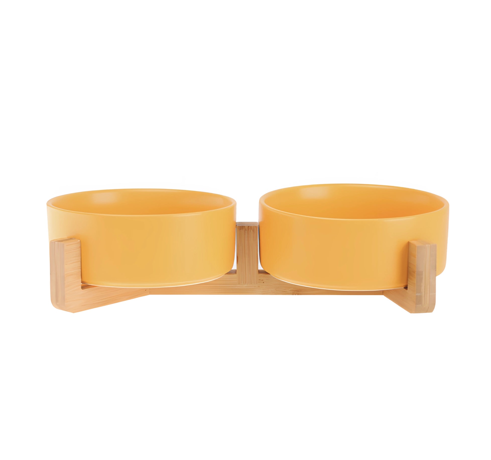 Adjustable bamboo pet feeder with a sunflower design, featuring two colorful circular dishes set at different levels.