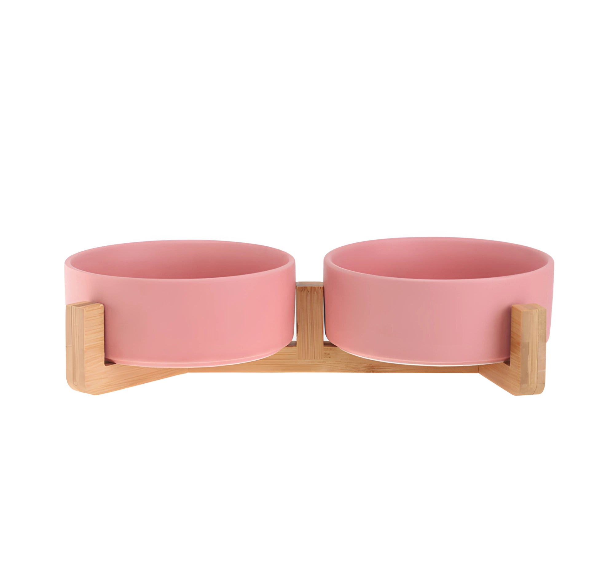 Adjustable multi-level bamboo pet feeder with two colorful dishes in shades of rose and magenta, featuring a rectangular bamboo stand with circular dish slots.