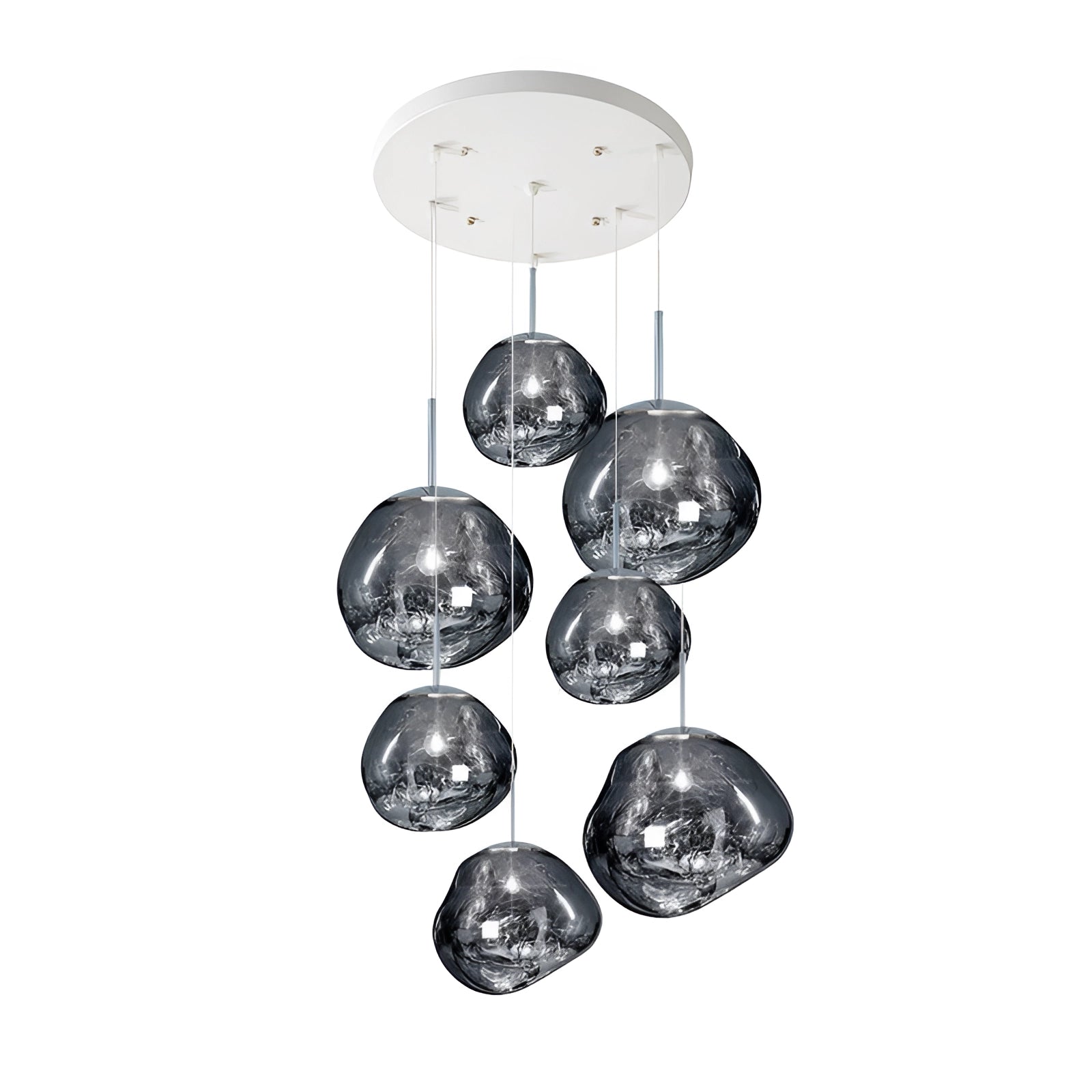 Silver Amber Glass Triple Pendant Light Fixture with Modern Copper Design, featuring seven heads in varying sizes for a stylish and contemporary ceiling decoration.