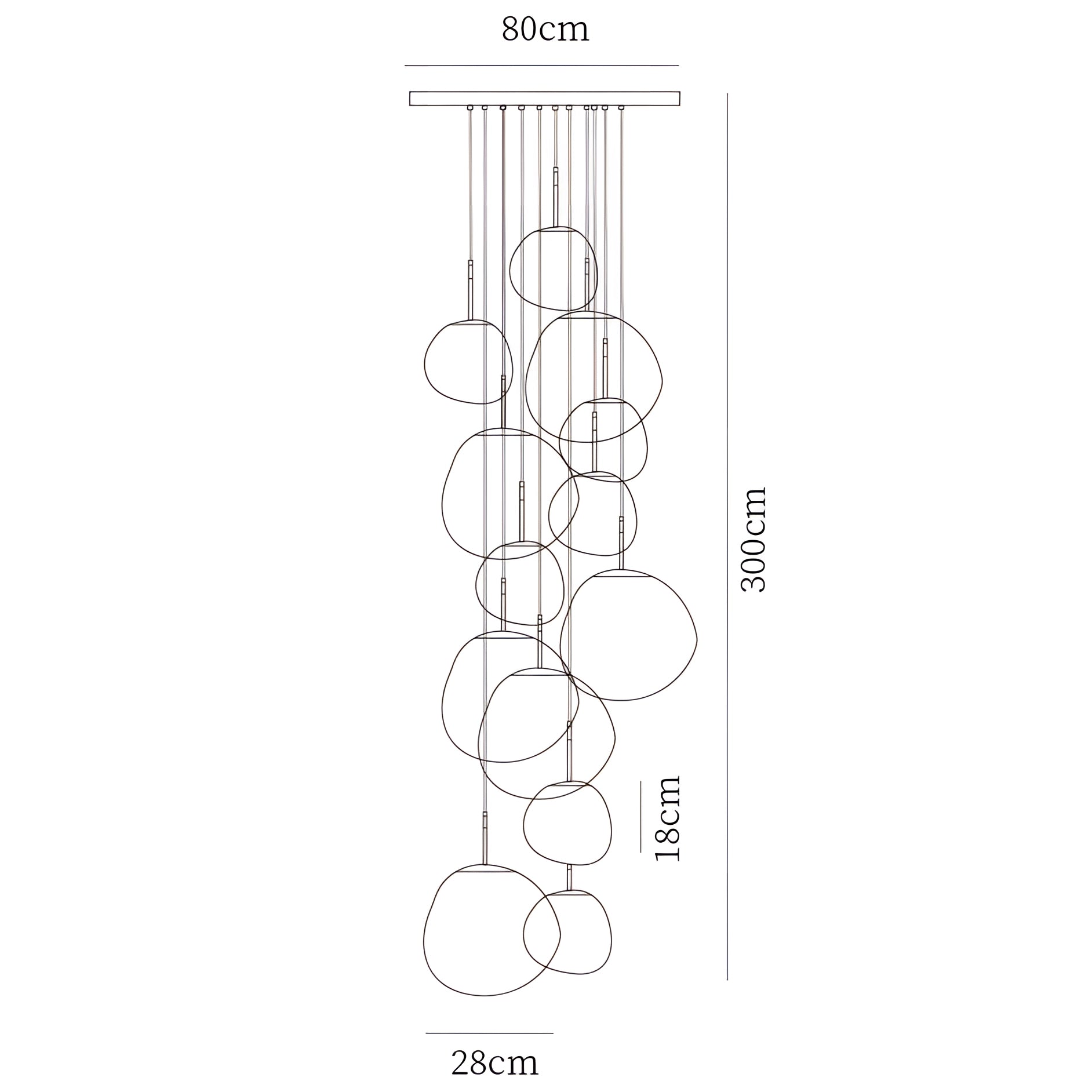 Modern silver ceiling lamp with a unique design featuring three pendant lights constructed from amber glass. The fixture includes a total of thirteen heads, combining various sizes that create a dynamic and contemporary aesthetic.