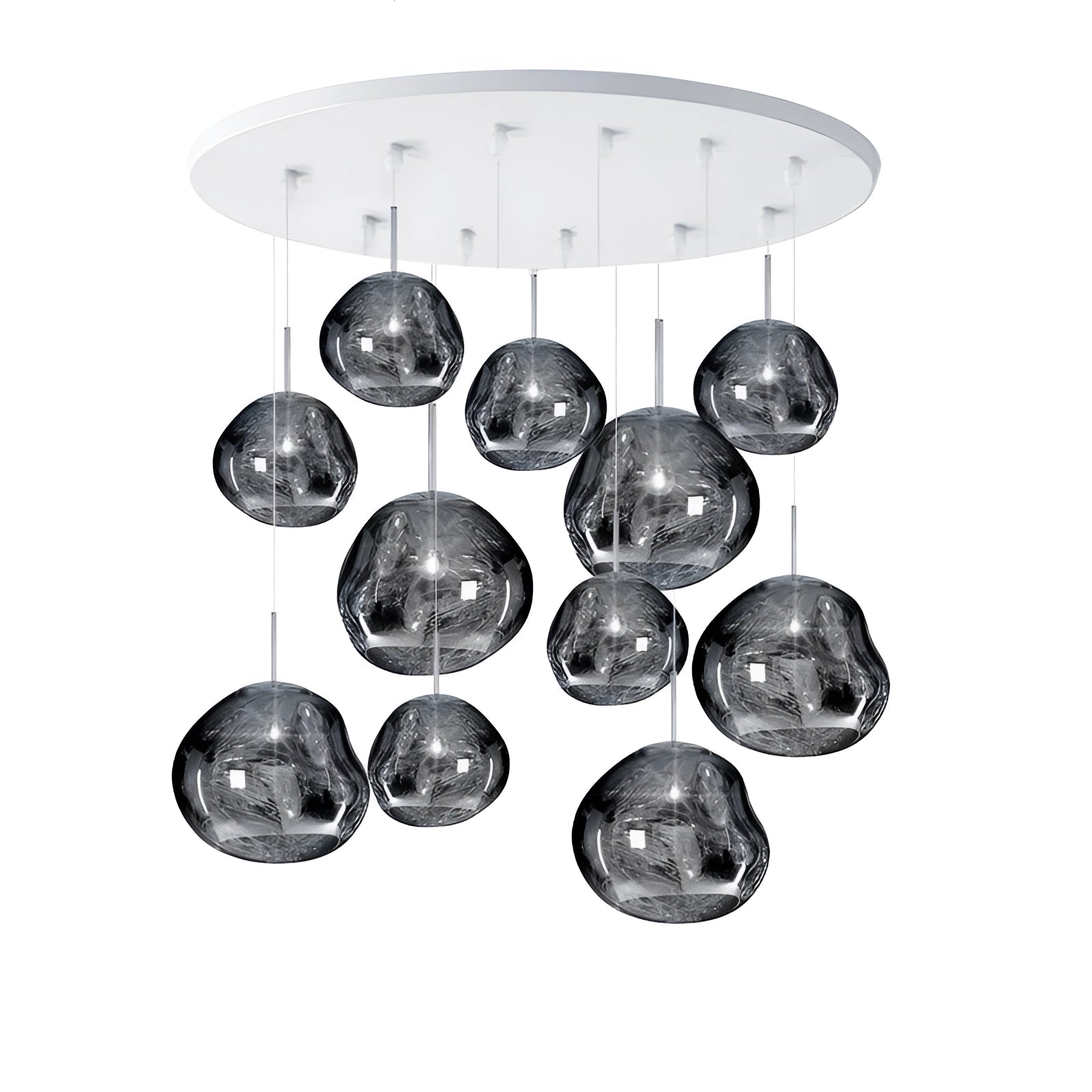 Amber glass triple pendant light fixture with a modern copper design, featuring eleven spherical heads in varying sizes with a sleek silver finish, designed for ceiling installation.
