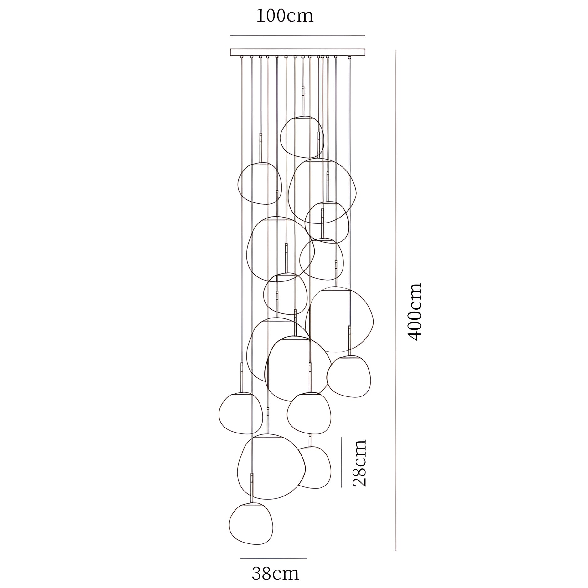 Modern copper ceiling lamp with a silver finish featuring a contemporary design of 16 amber glass pendant lights in varying sizes, creating an elegant and artistic ambiance.