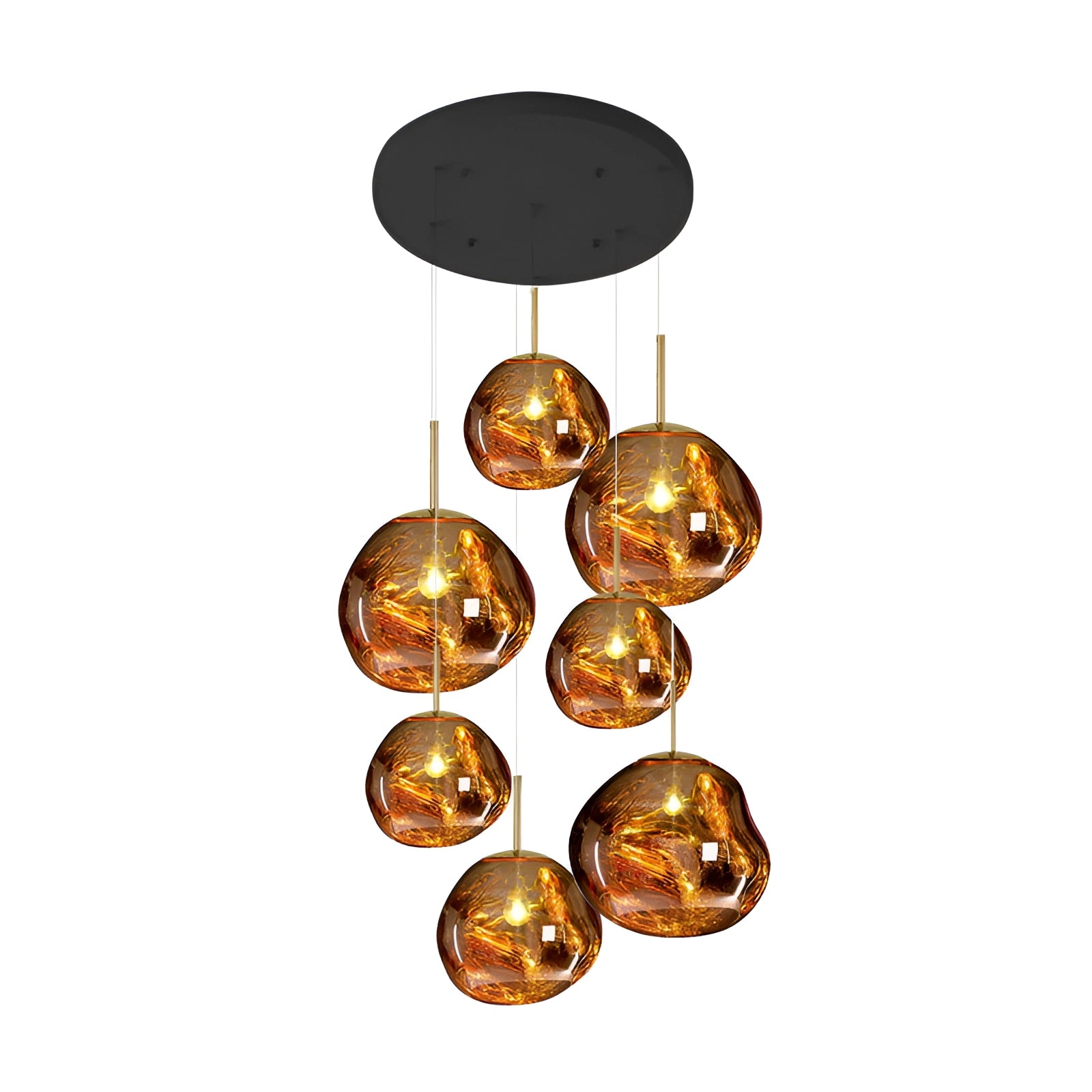 Amber glass triple pendant light fixture with a modern copper ceiling lamp design, featuring seven heads with a combination of four smaller (28cm) and three larger (38cm) pendants, finished in gold.