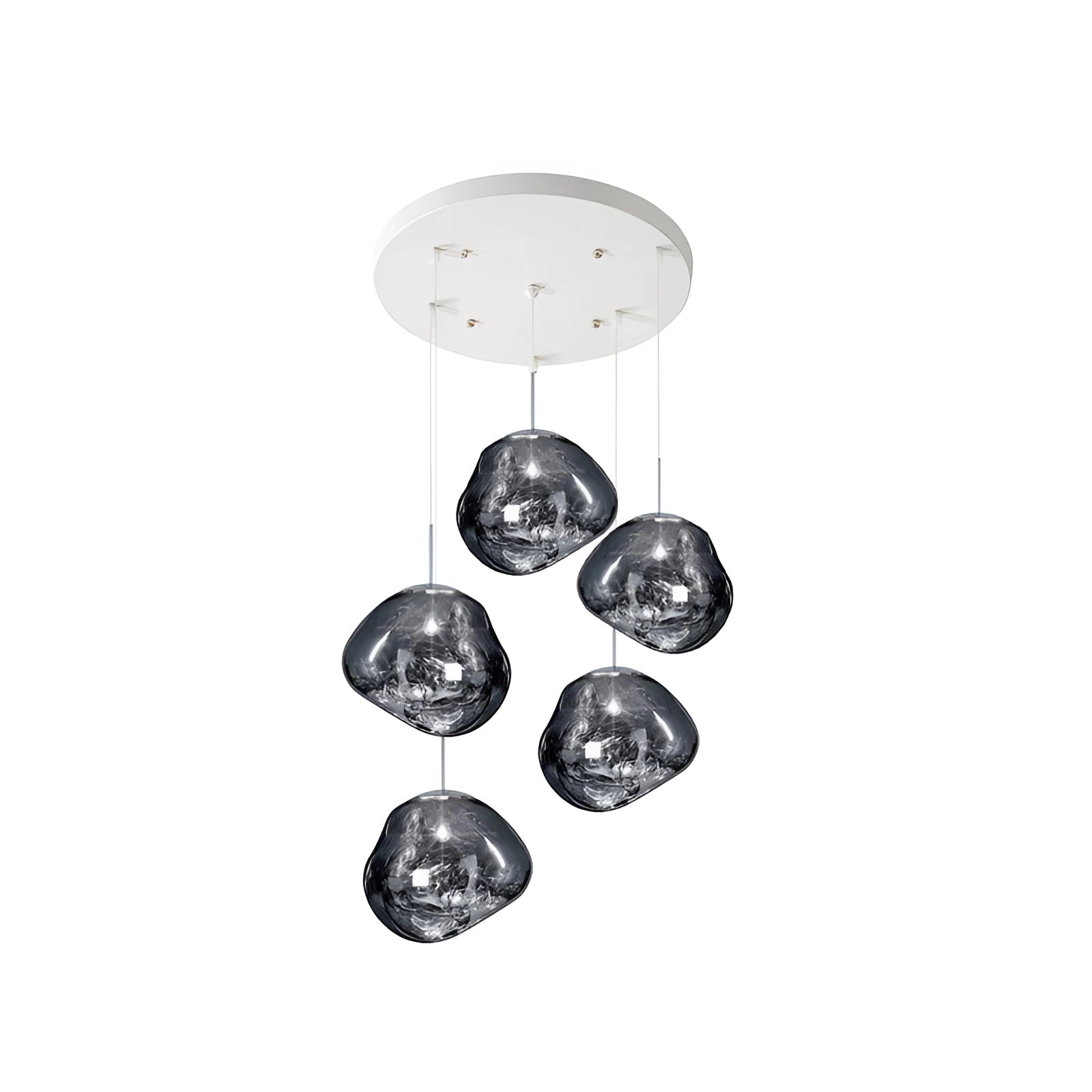 Silver modern copper ceiling lamp with five amber glass globe-shaped pendants arranged in a circular pattern, designed to be an elegant ceiling fixture.