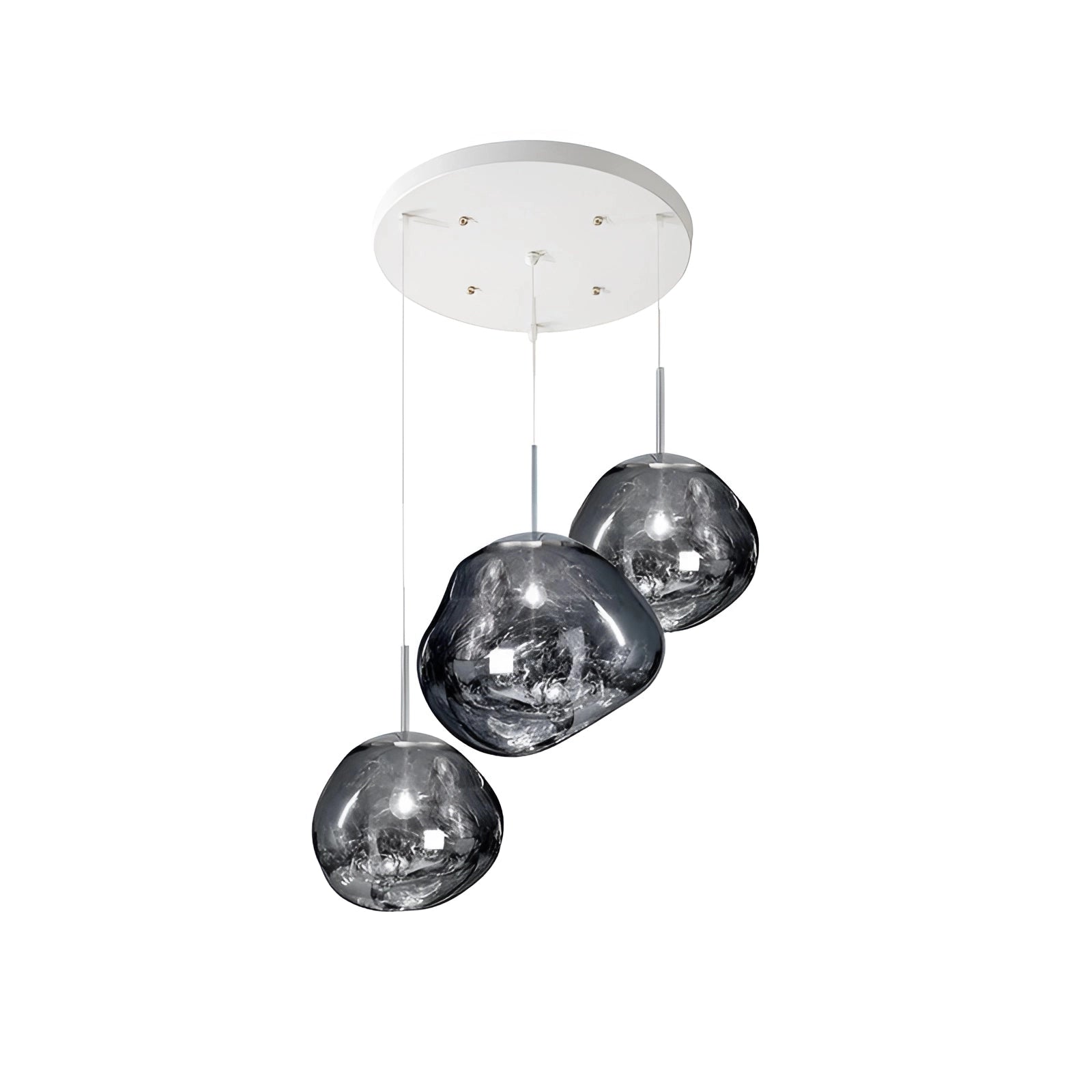 Modern silver ceiling lamp featuring a triple pendant light fixture with amber glass shades of varying sizes, hanging elegantly from a sleek metallic base.