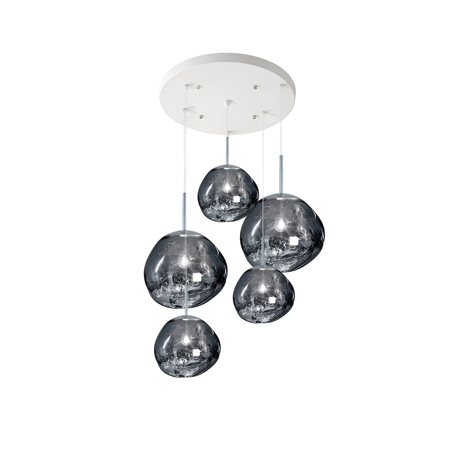 A modern ceiling lamp featuring a silver finish and five amber glass pendant lights of varying sizes, elegantly hanging from a circular metal base.