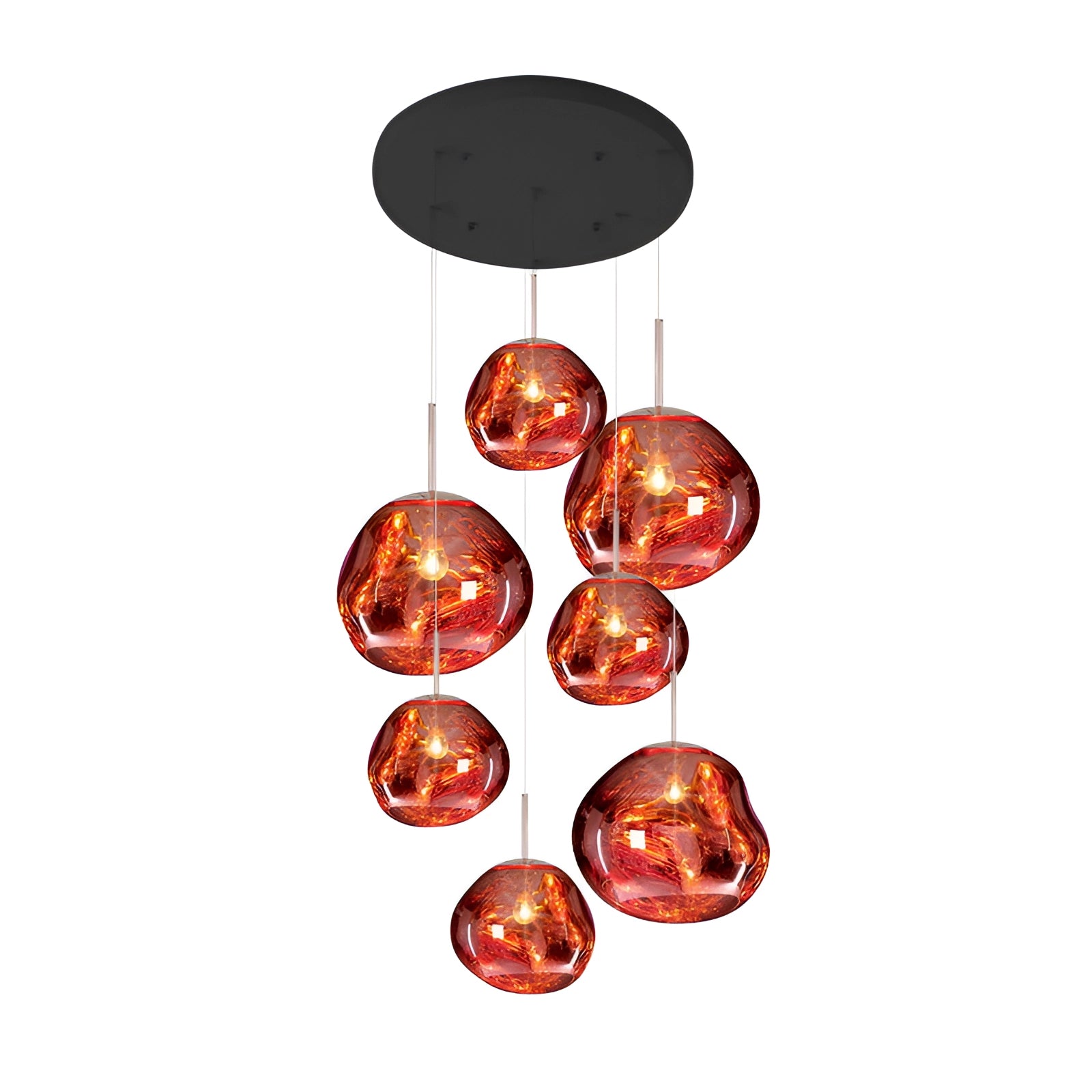 Modern copper ceiling lamp featuring a triple pendant design with seven amber glass heads in various sizes, shown in a vibrant red finish.