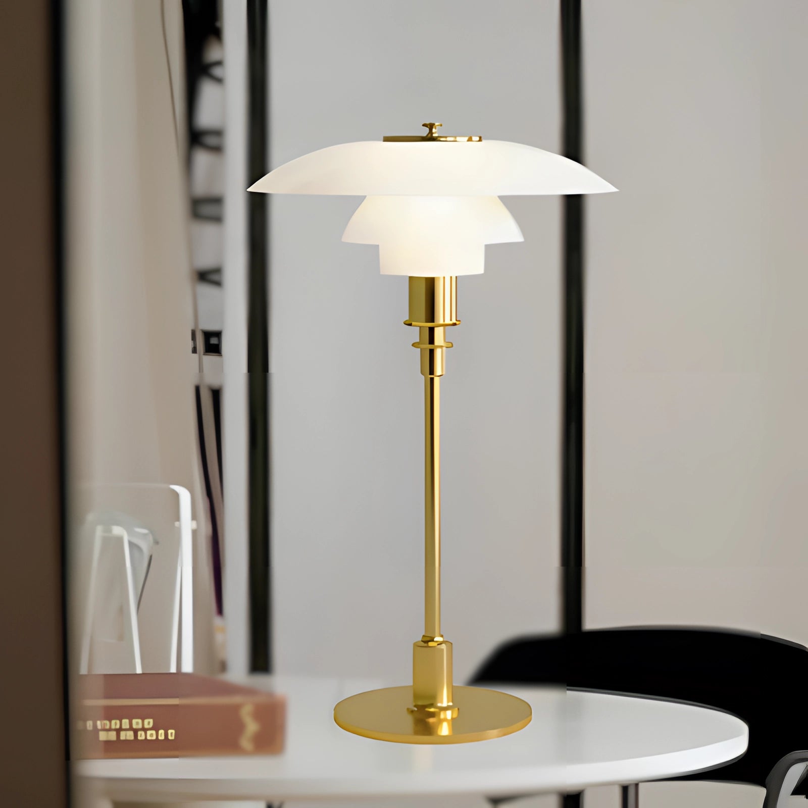 Art-Deco orange glass table lamp with vintage brass accents and a white gold finish, featuring a stylish lampshade and metal base, ideal for adding a sophisticated touch to a home office.