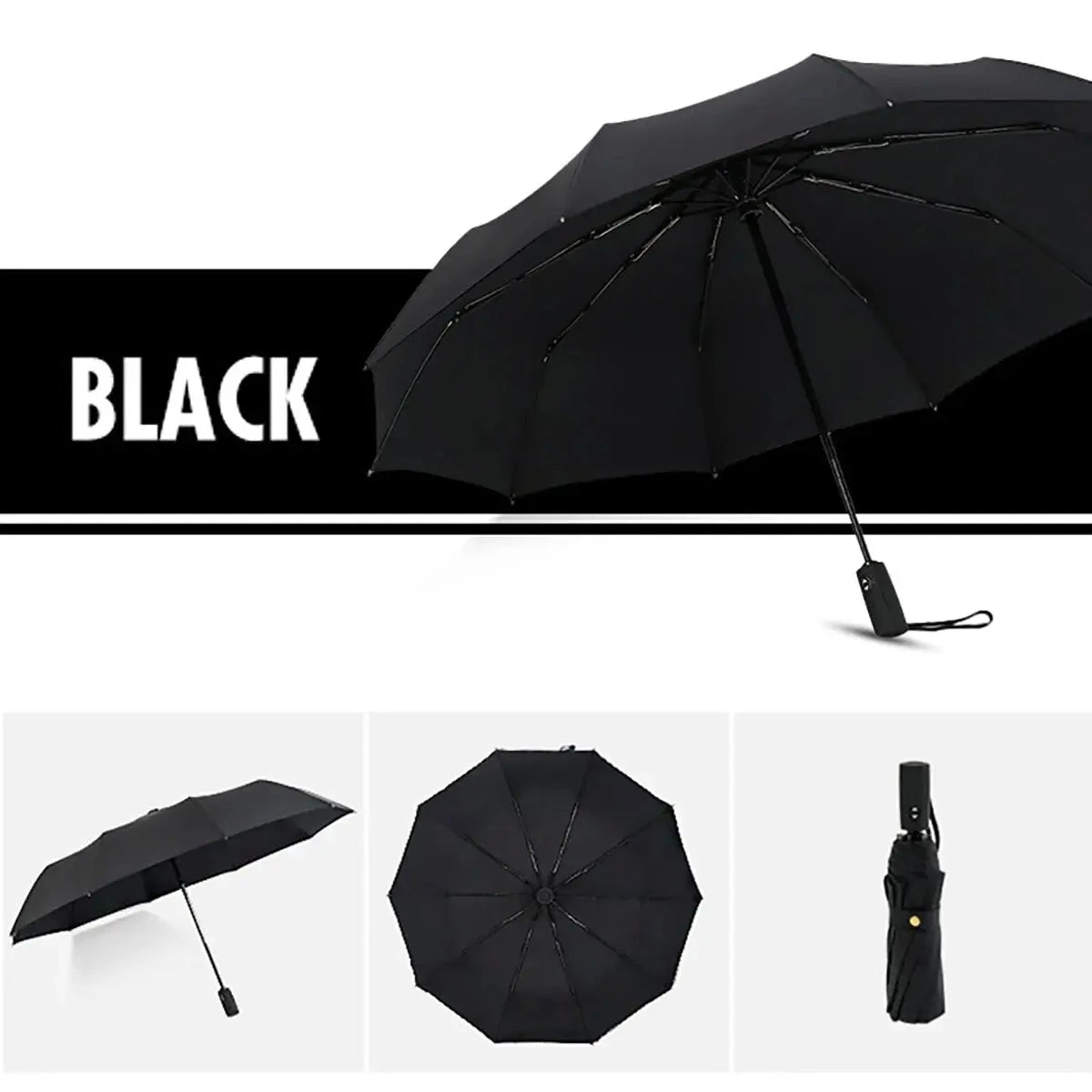 Black AutoShield: Windproof Compact Folding Travel Umbrella