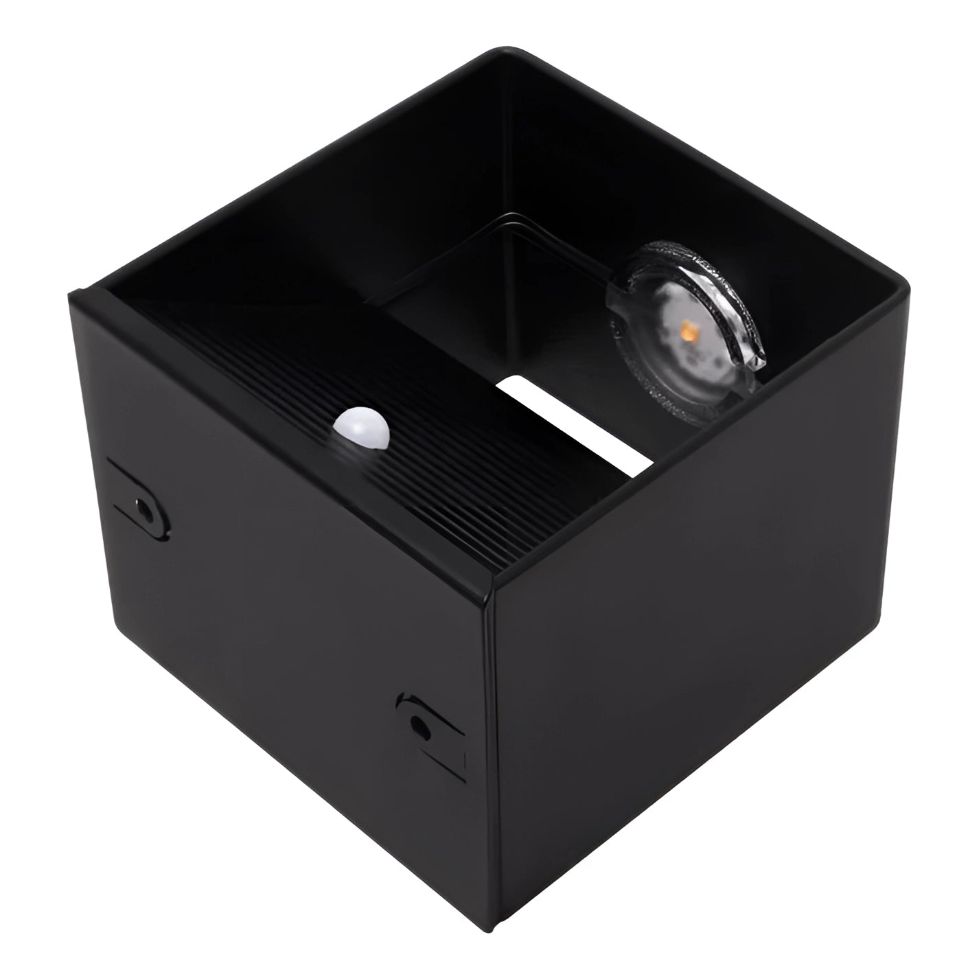 A modern minimalist black cube organizer with a sleek rectangular design, suitable for storing various items.