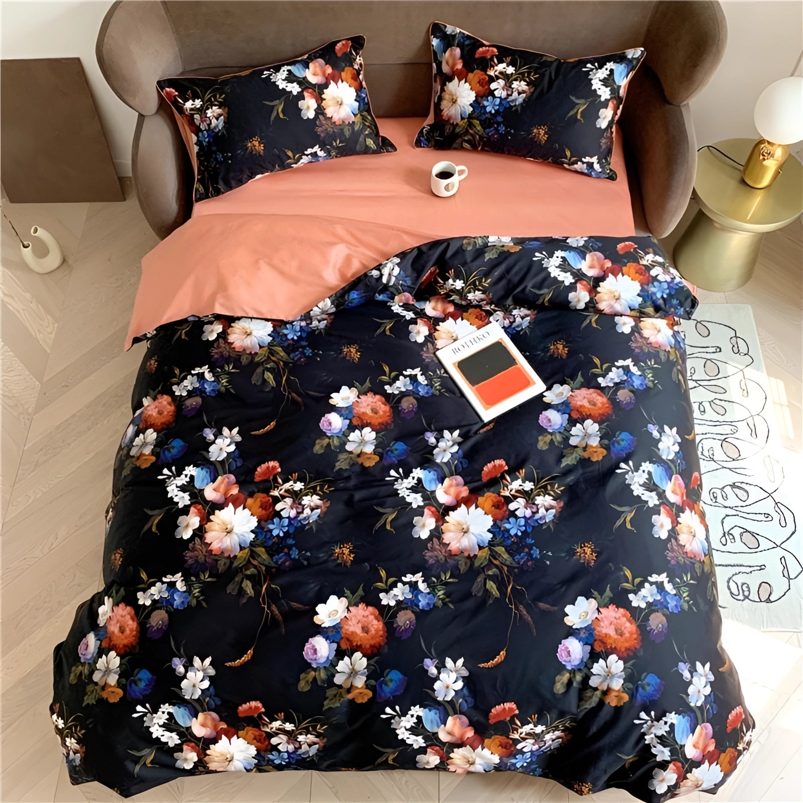 Luxurious black satin duvet cover adorned with an elegant floral pattern, showcasing a silky smooth texture that enhances the bedding's opulent appeal.