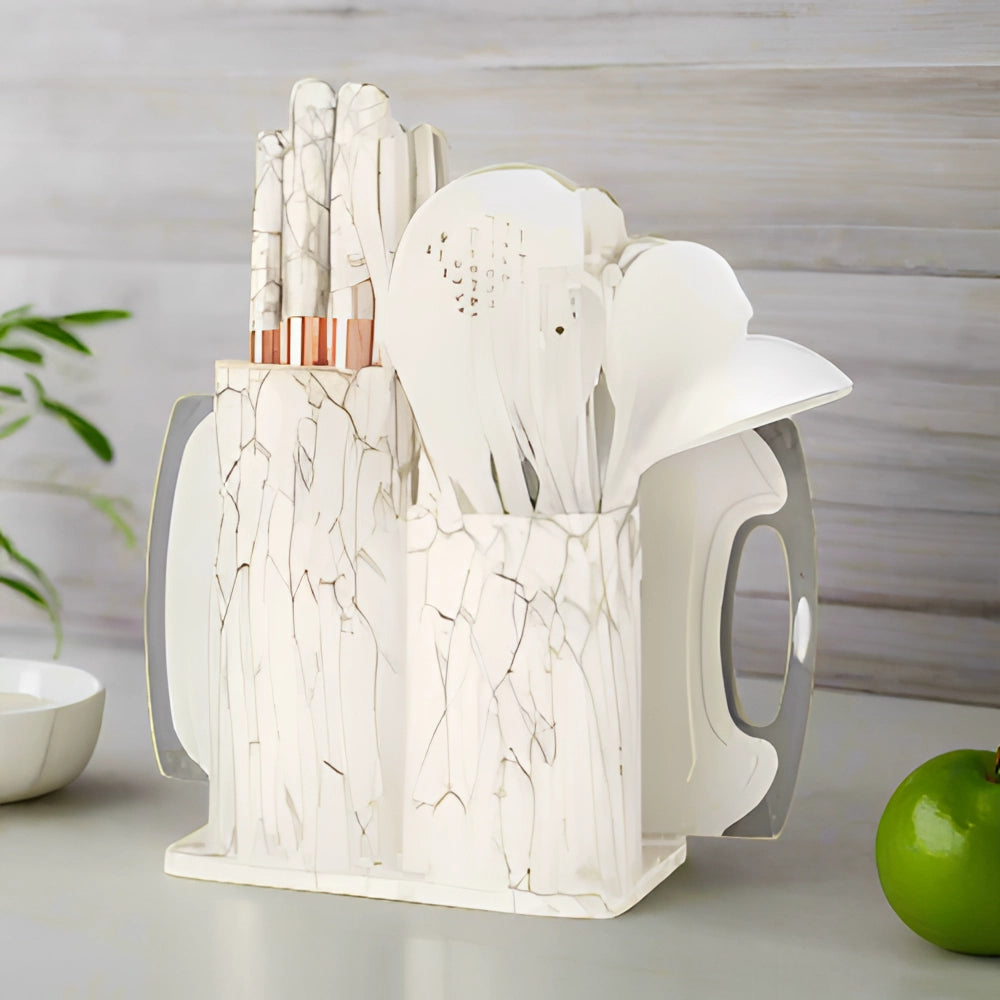 Black Marble Utensil & Knife Block Set - Gold Vein Countertop Organizer