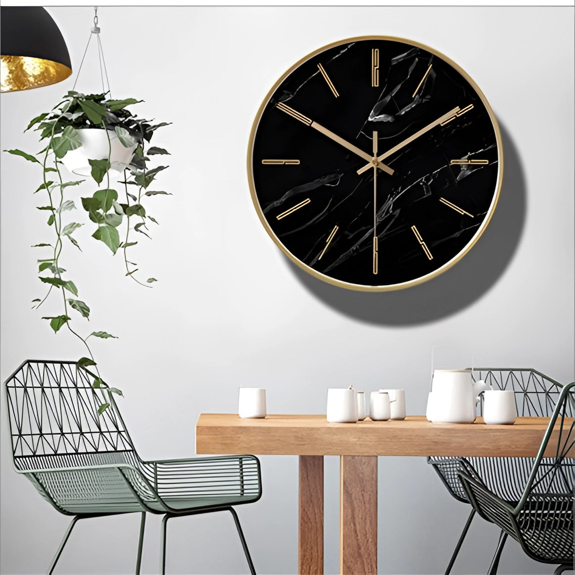 Black Marble Wall Clock - Gold Accents, Modern Minimalist Design