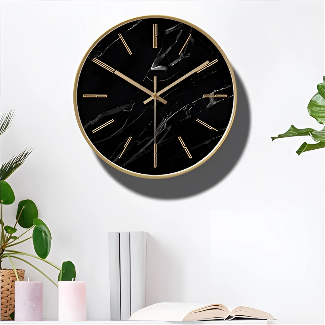Black Marble Wall Clock - Gold Accents, Modern Minimalist Design