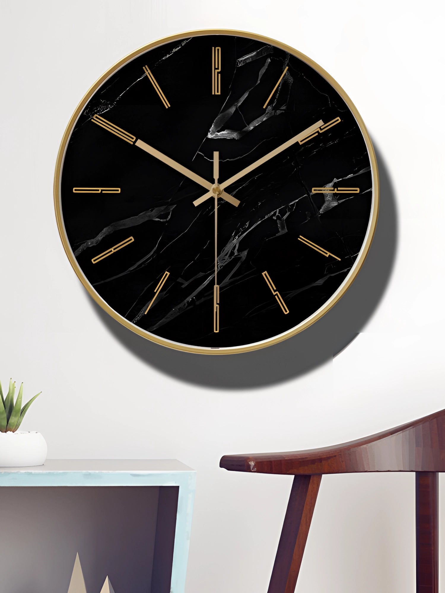 Black Marble Wall Clock - Gold Accents, Modern Minimalist Design