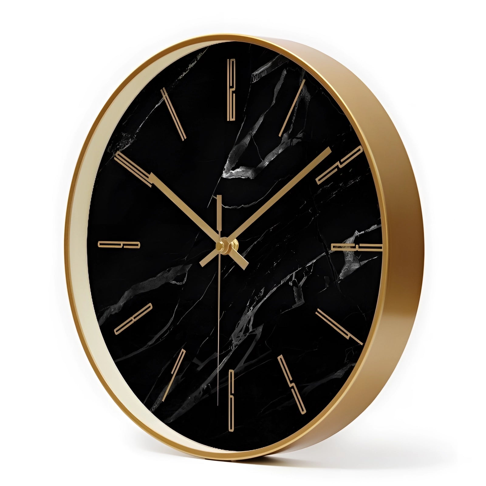 Black Marble Wall Clock - Gold Accents, Modern Minimalist Design