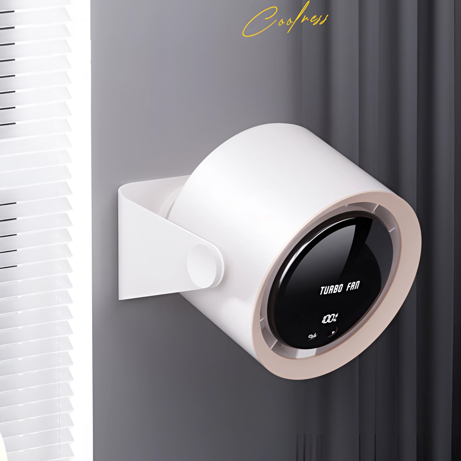 A sleek, compact bladeless turbo fan with a modern design featuring an LED display.