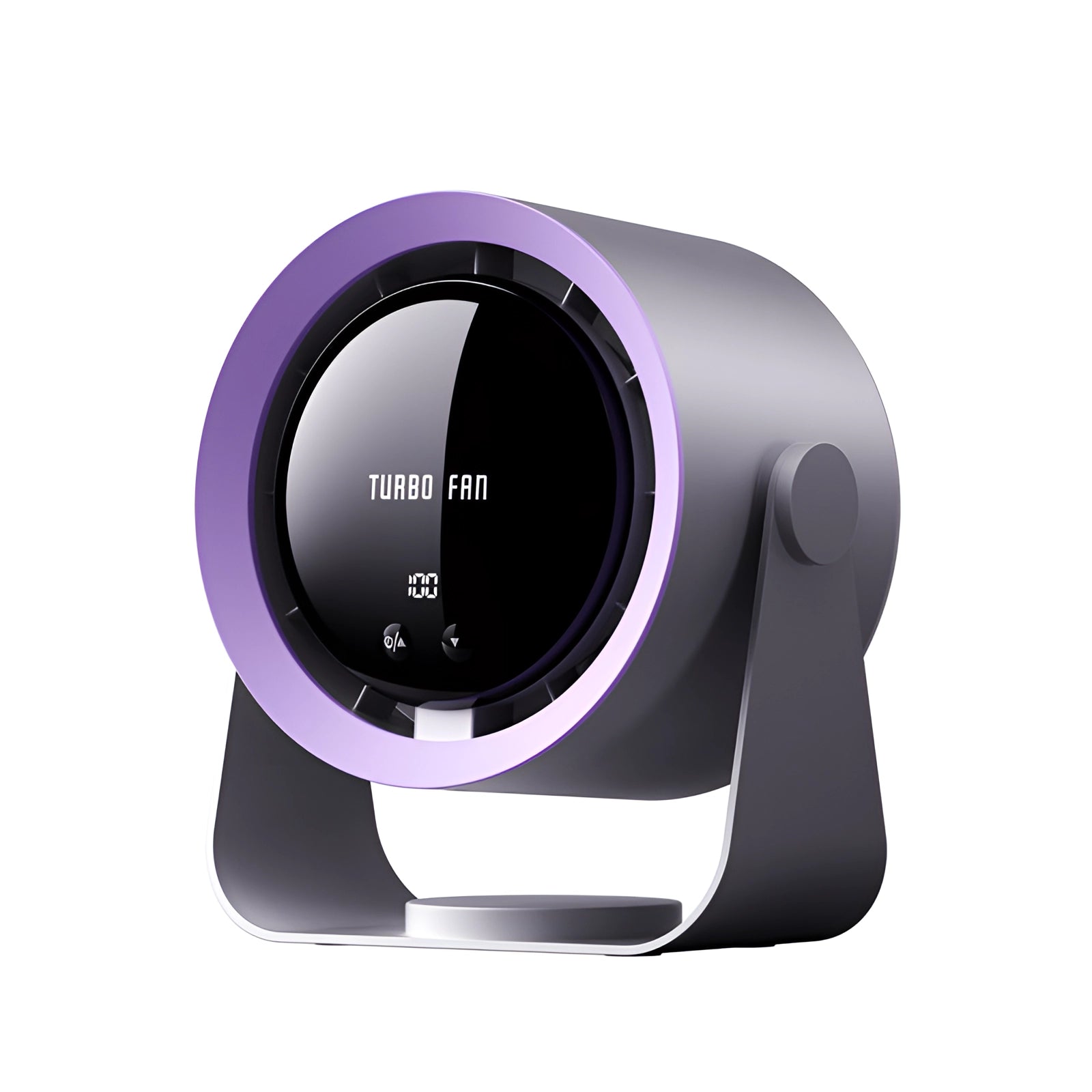 Gray bladeless turbo fan with a compact design and energy-efficient features, equipped with an LED display.