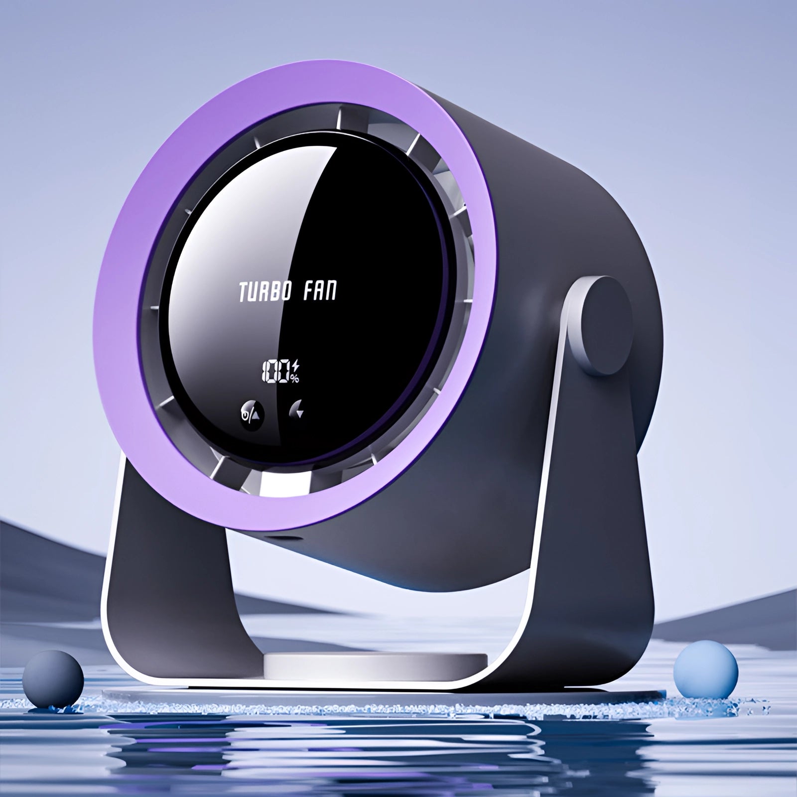 Compact bladeless turbo fan with a digital LED display, featuring a sleek and modern design.