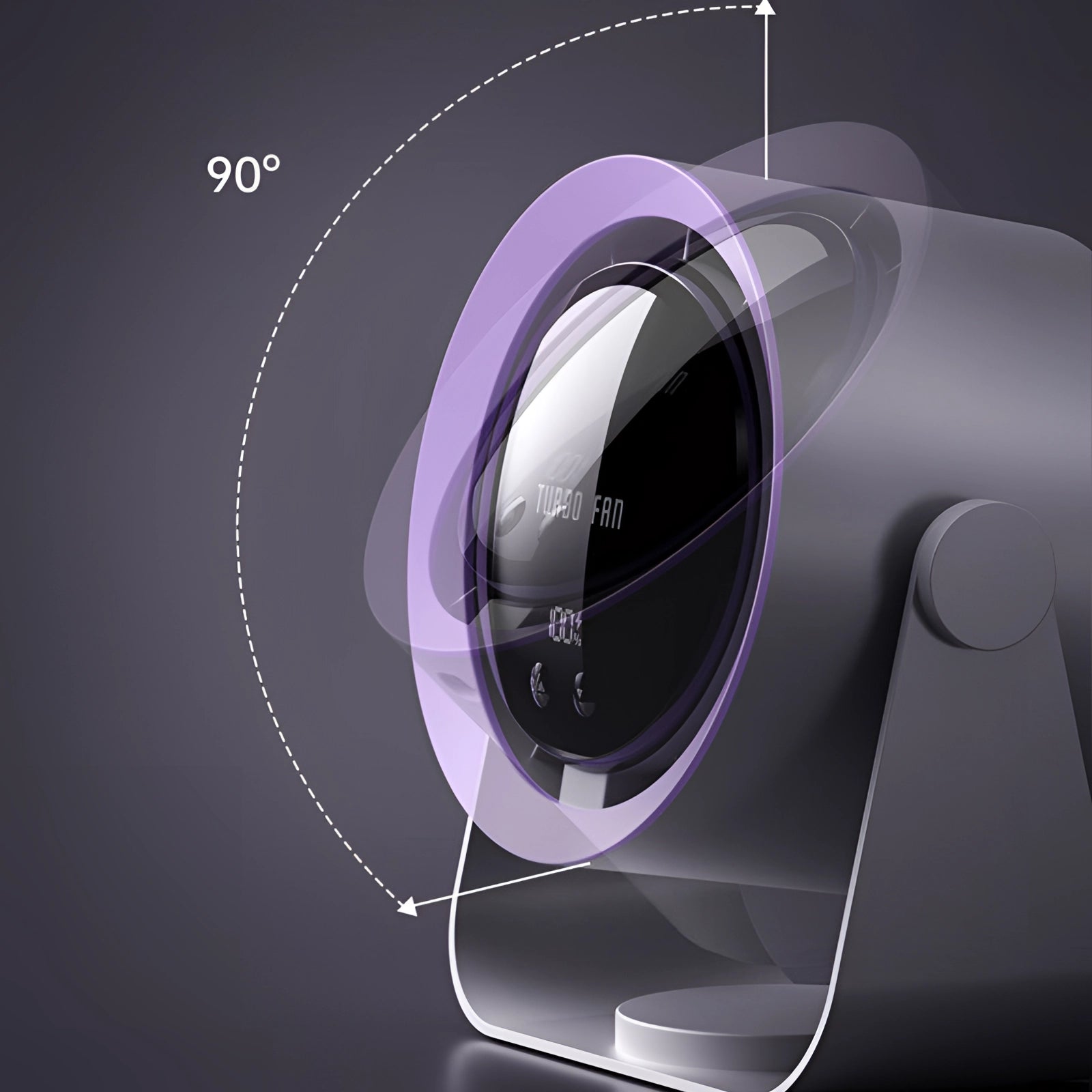 A compact bladeless turbo fan featuring an energy-efficient design and a sleek LED display, accented with violet and magenta lighting elements, resembling a modern gadget or automotive accessory.
