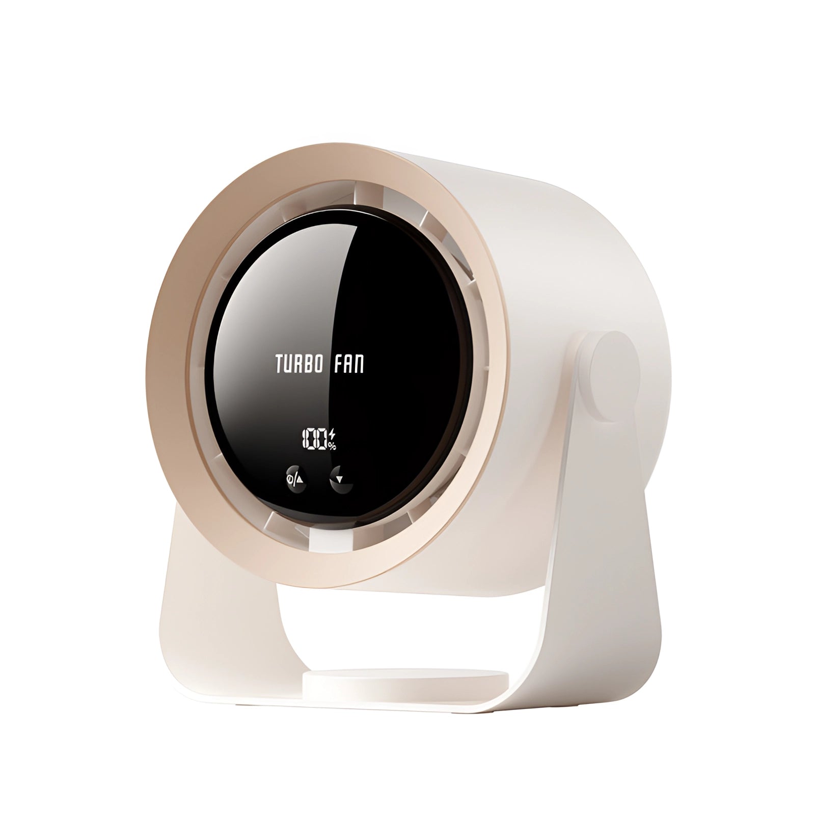 Bladeless turbo fan in khaki color featuring a sleek, compact design with an LED display, suitable for plug-in use.