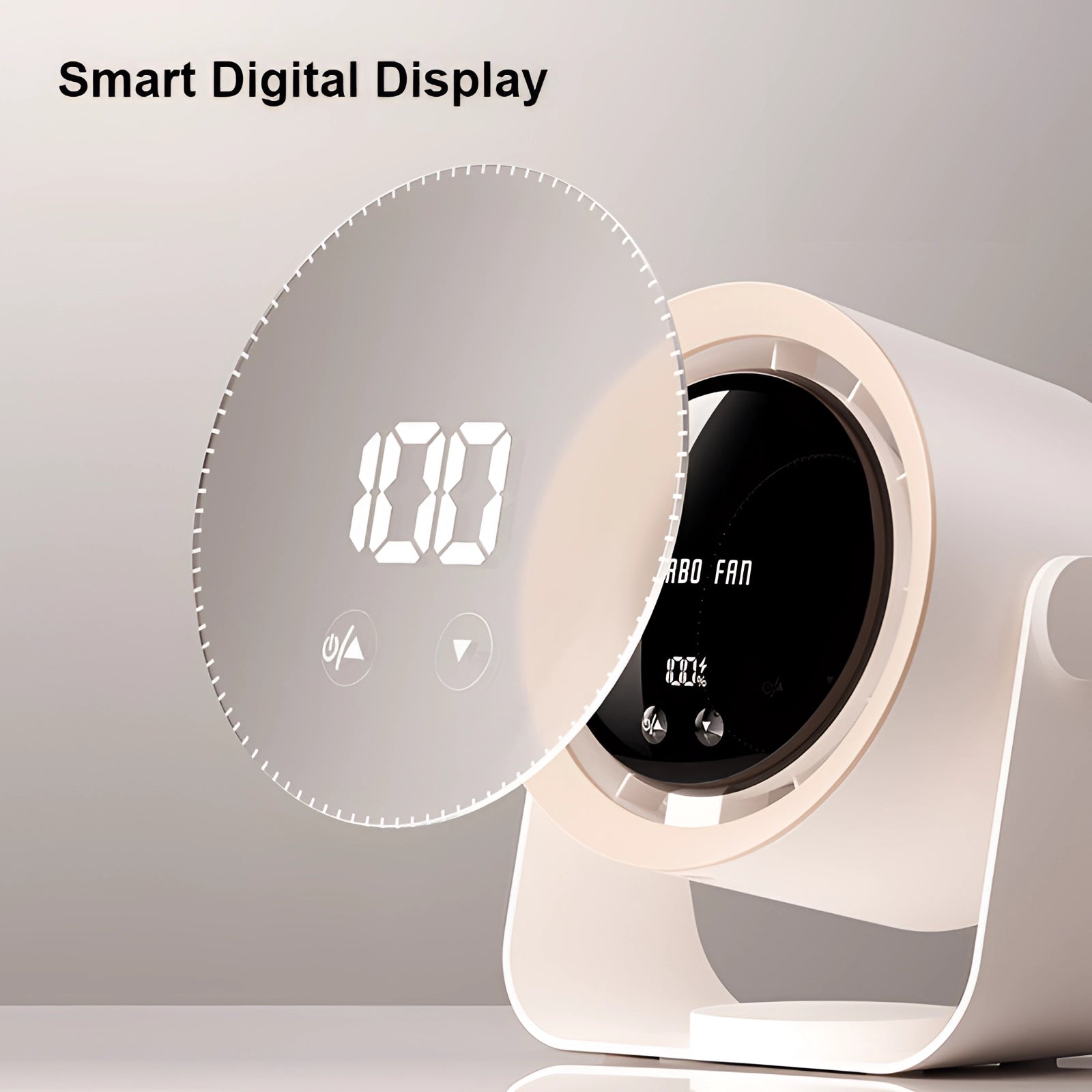 Bladeless turbo fan with a sleek, circular design and an LED display, showcasing a compact and energy-efficient gadget.
