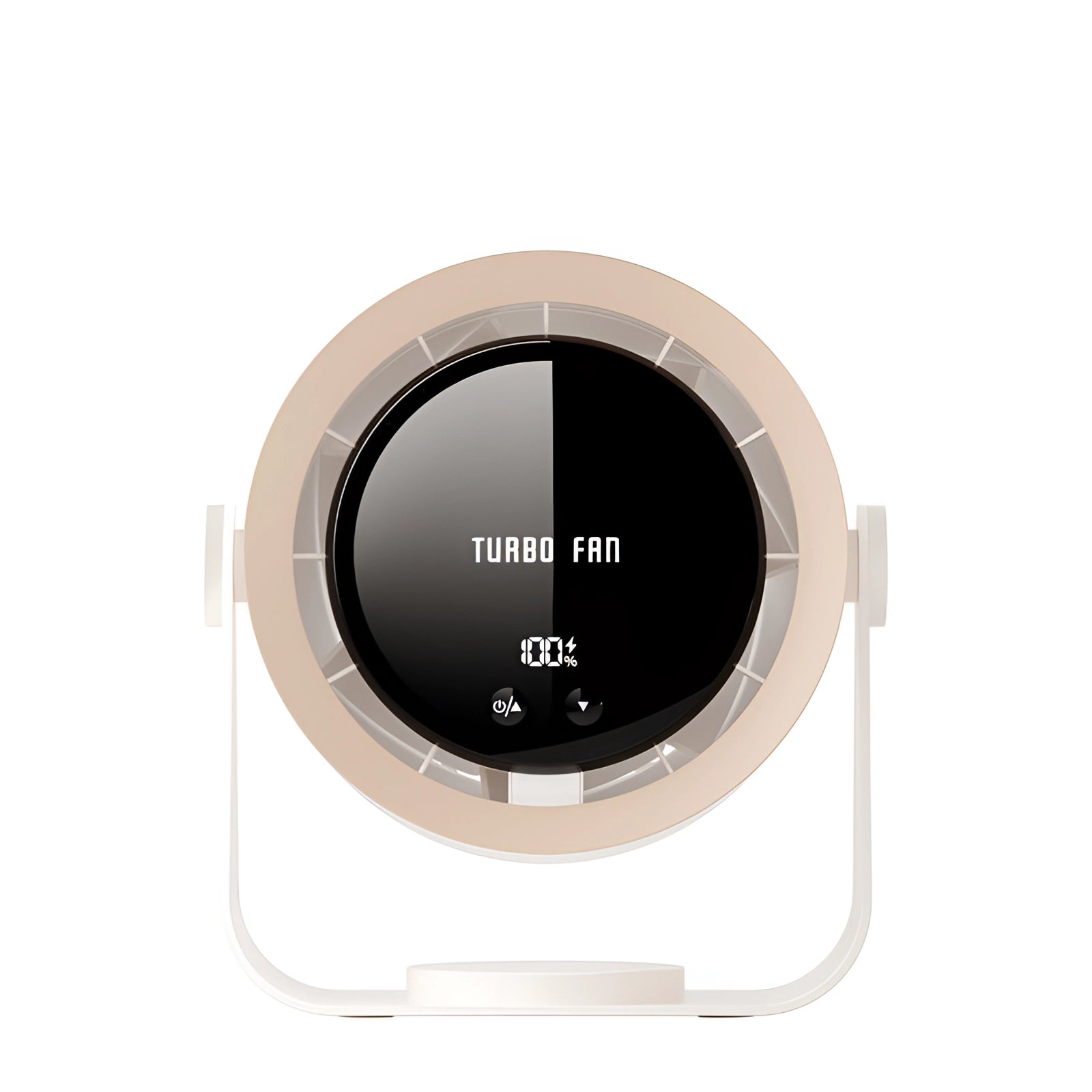 A sleek bladeless turbo fan with a compact, modern design featuring an LED display and circular airflow outlet.