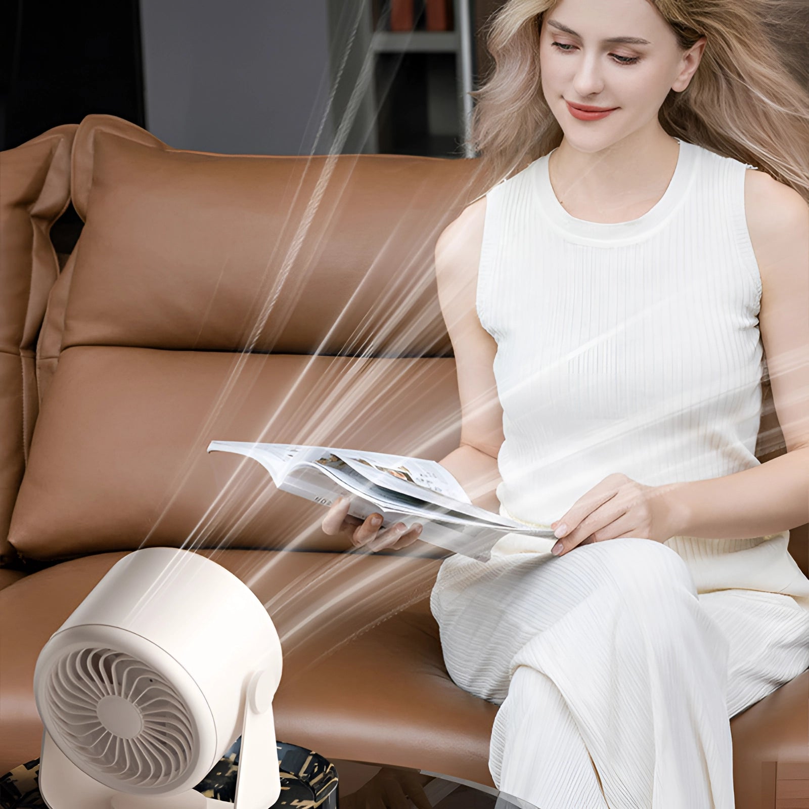 A sleek bladeless turbo fan with a compact design, featuring an LED display, positioned on a stylish table in a modern living space, emphasizing comfort and energy efficiency.