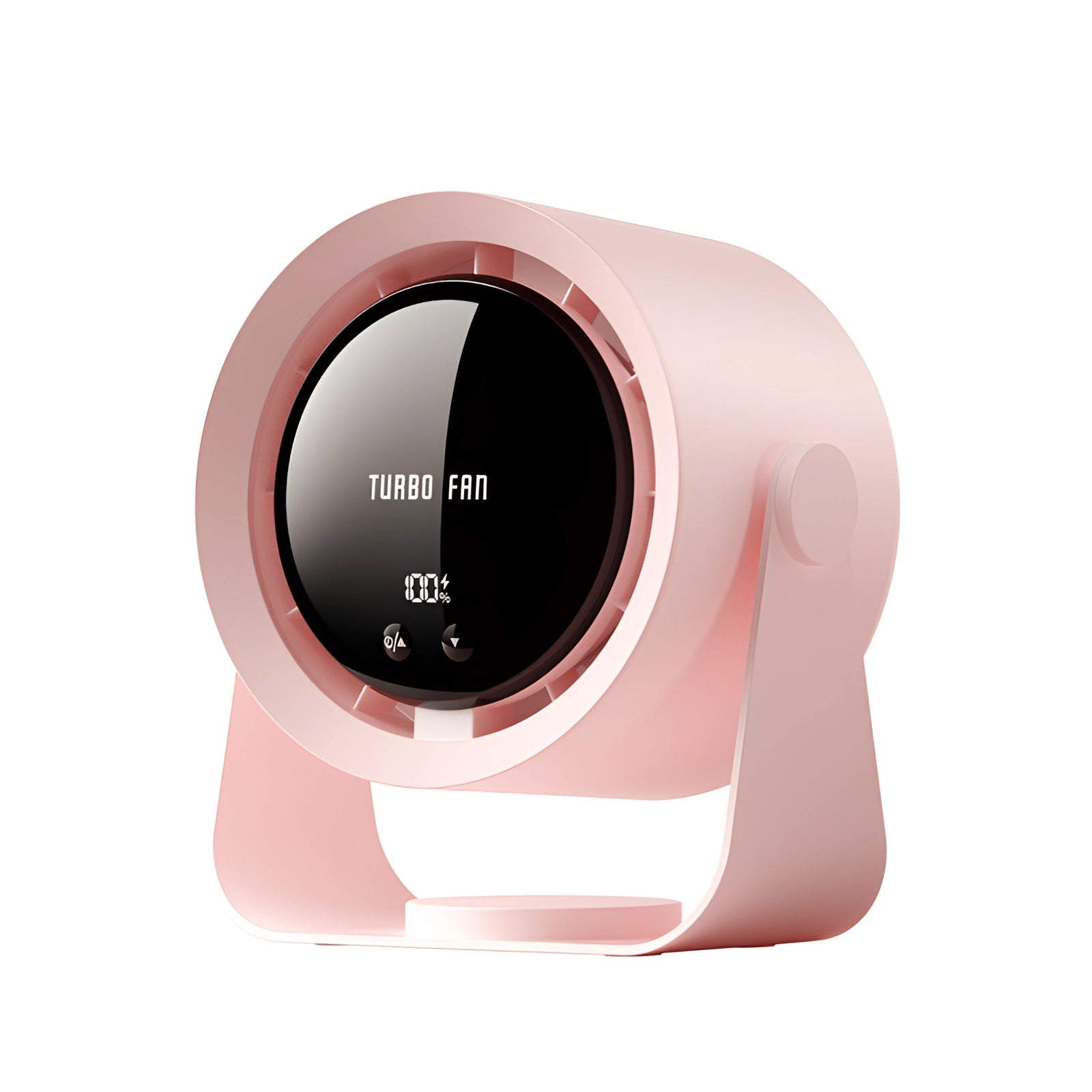 Bladeless turbo fan in pink with a compact, energy-efficient design and LED display, featuring a plug-in version for continuous use.