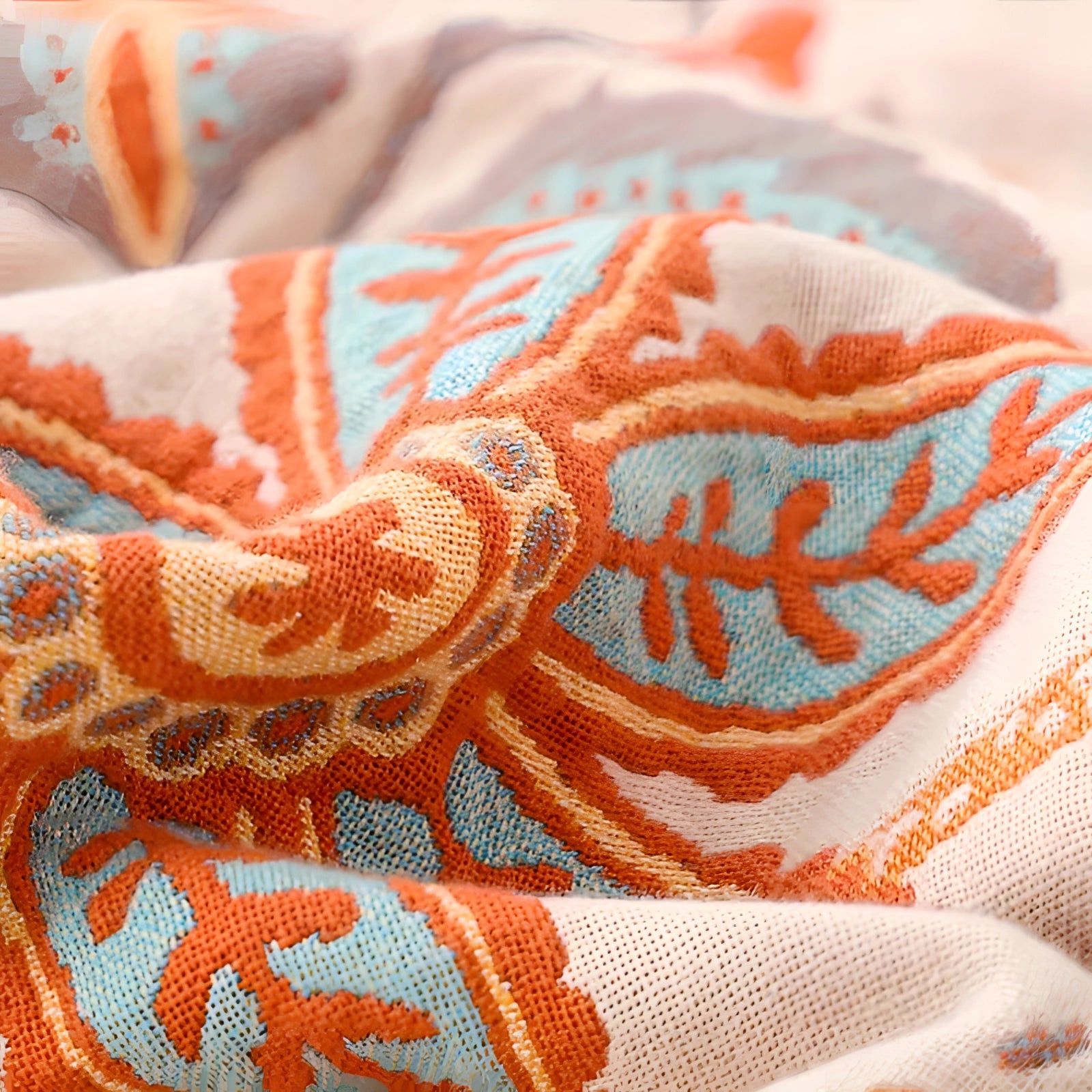 Bohemian Floral Bedspread with Orange Flowers & Fringe - Autumn Decor