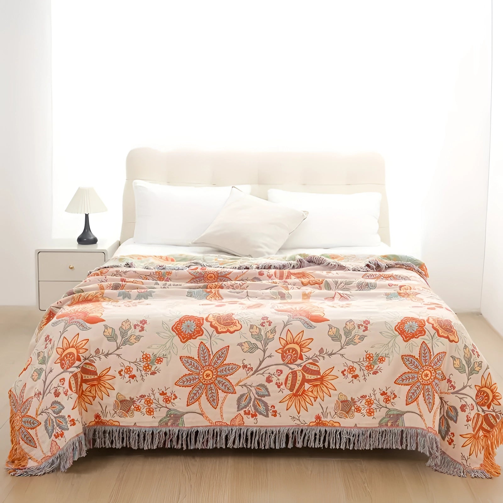 Bohemian Floral Bedspread with Orange Flowers & Fringe - Autumn Decor