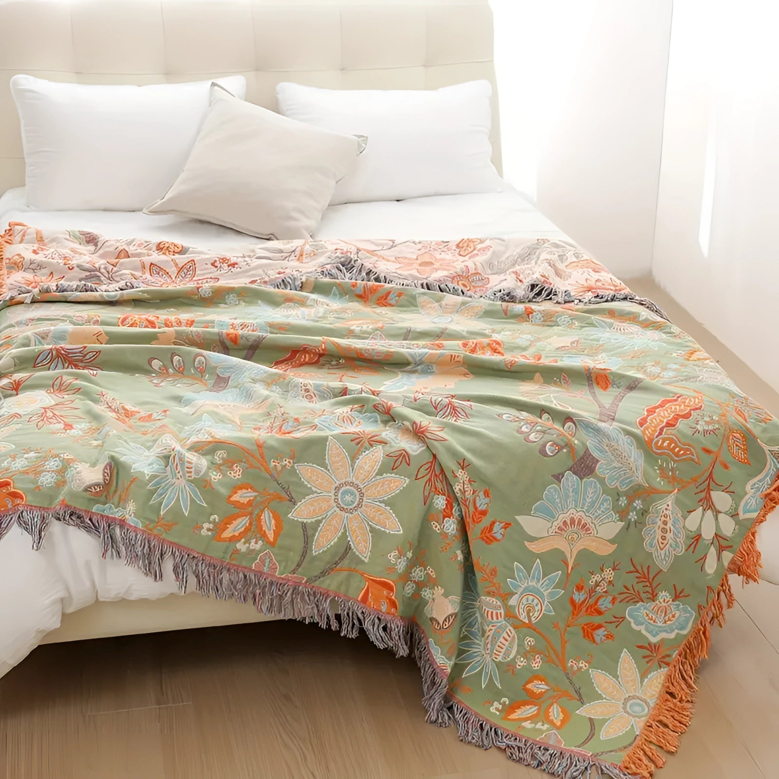 Bohemian Floral Bedspread with Orange Flowers & Fringe - Autumn Decor