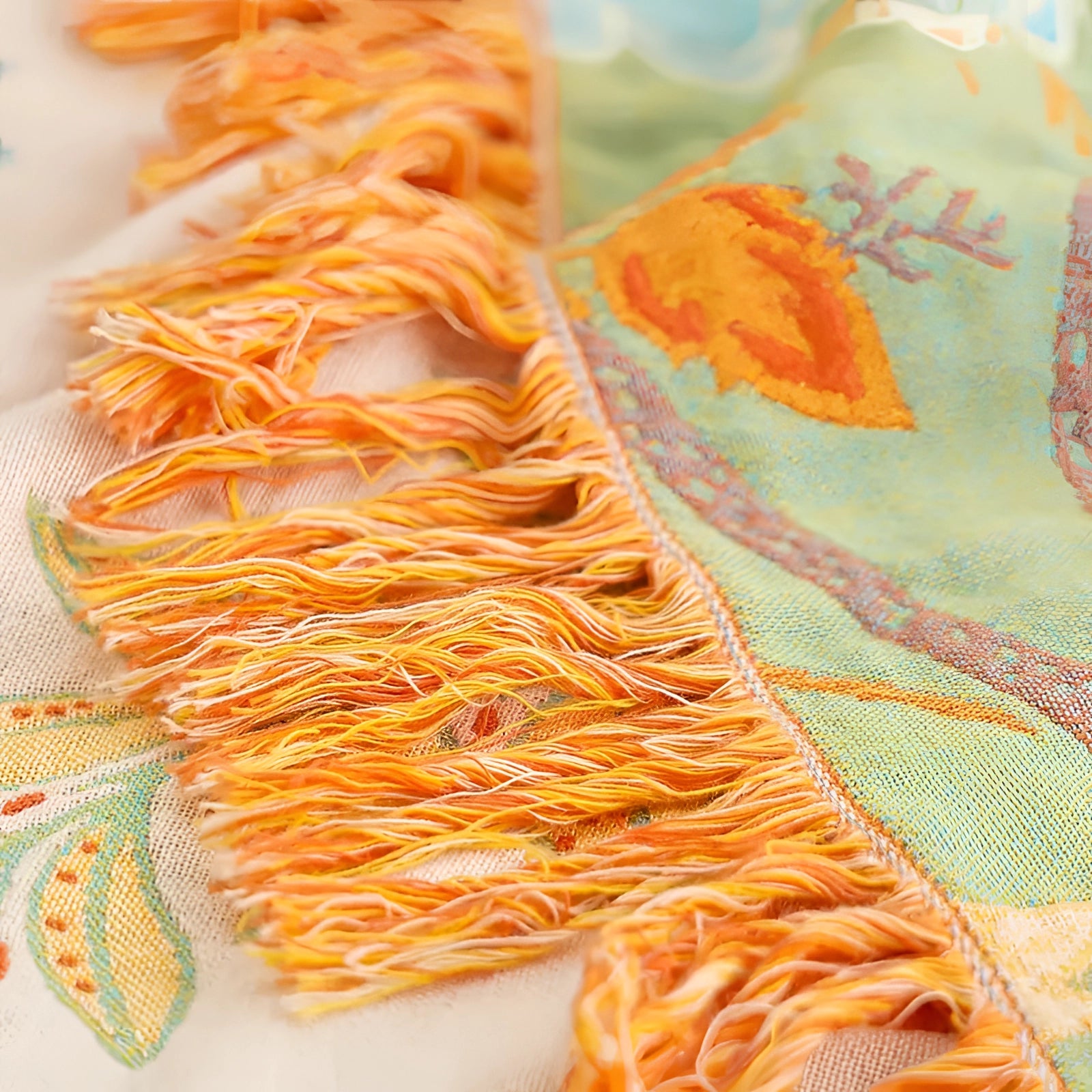 Bohemian Floral Bedspread with Orange Flowers & Fringe - Autumn Decor
