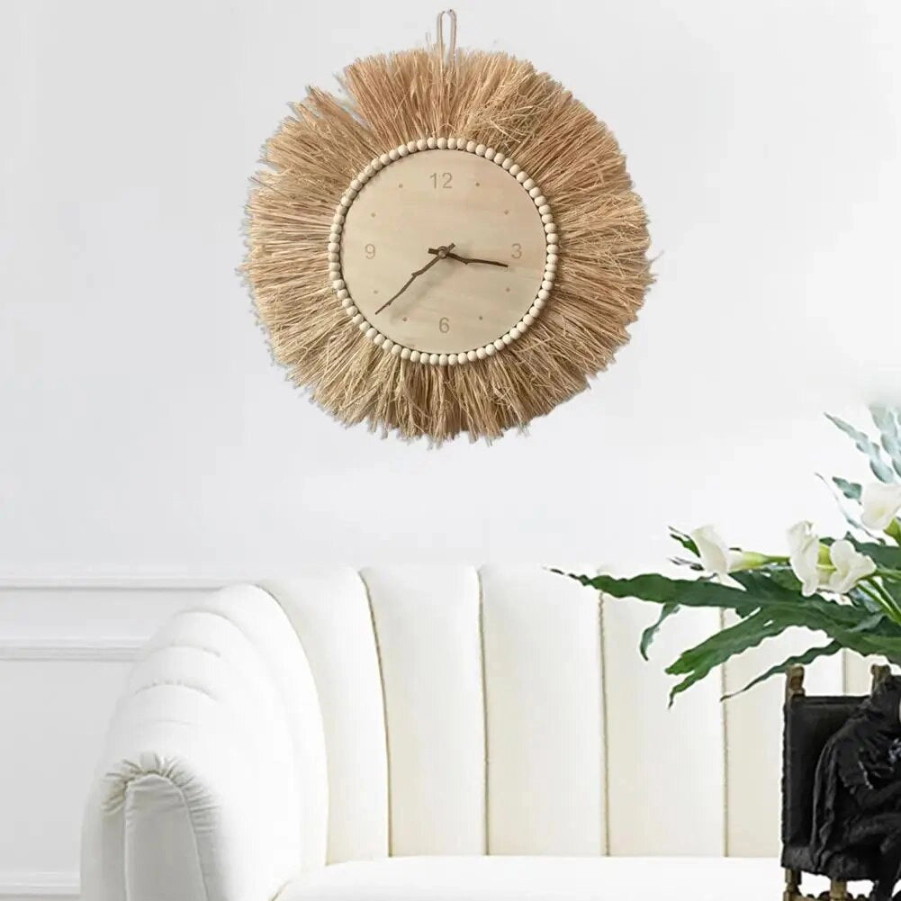 Boho Tassel Wall Clock featuring a handcrafted fringe design, displayed on a wooden wall above a comfortable couch, with a plant nearby adding a touch of nature.