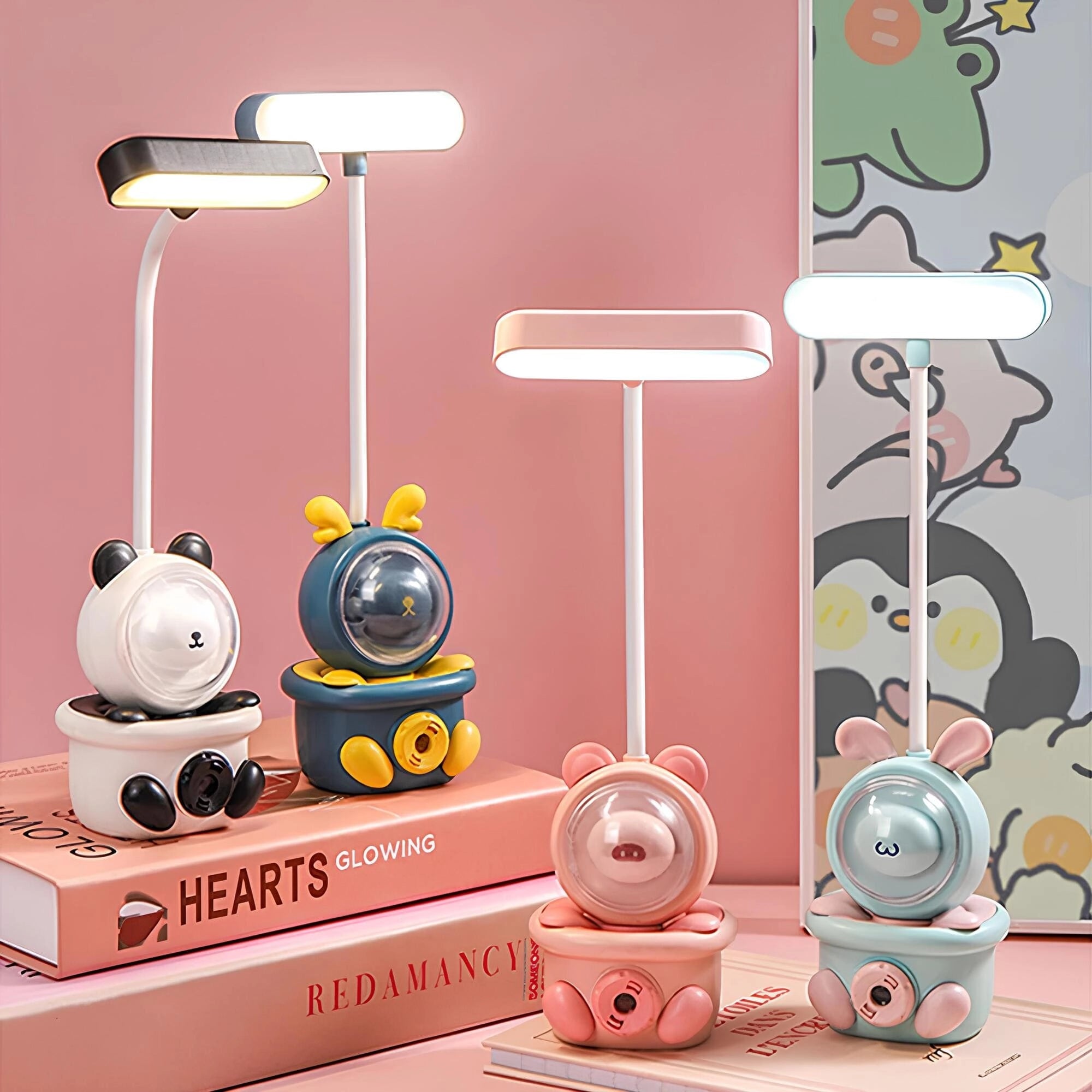 Cartoon Bunny LED Desk Lamp with a cute bunny design, featuring USB rechargeability and touch control functionality, shown in a playful red color.