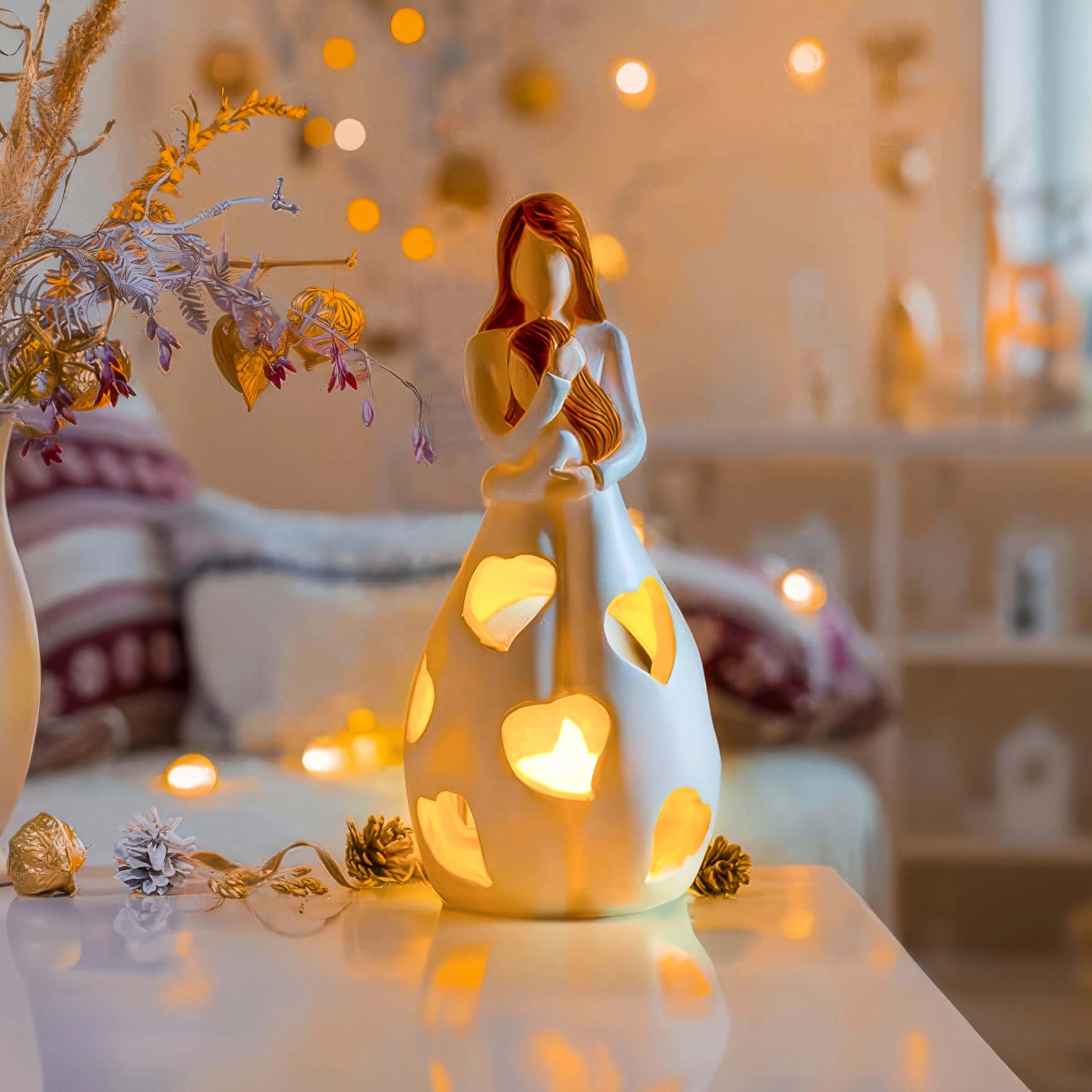 Ceramic Love Lamp featuring a heart pattern design, displayed as a romantic night light for couples, set on a decorative table.
