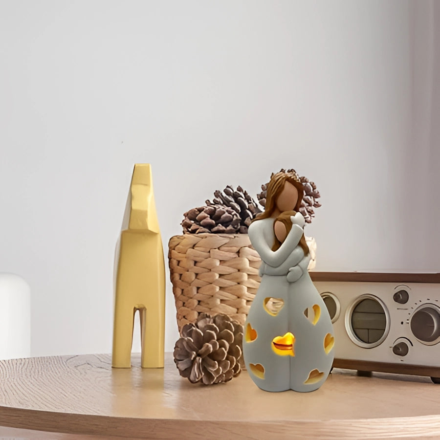 Ceramic Love Lamp with heart pattern design, placed on a wooden table in a room setting.