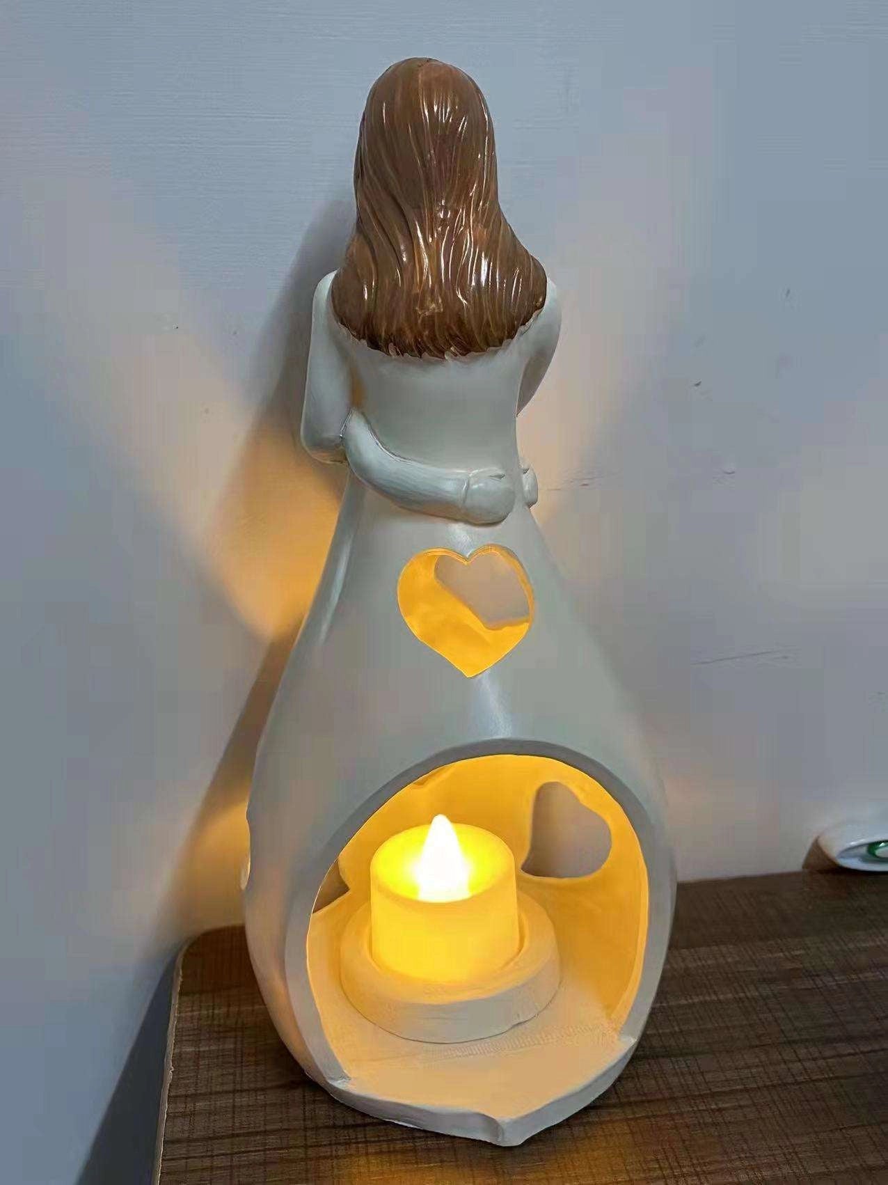 Ceramic Love Lamp with heart pattern design, illuminating a warm romantic glow, ideal for couples. The lamp sits on a wooden table, resembling a candle with a wax-like finish.