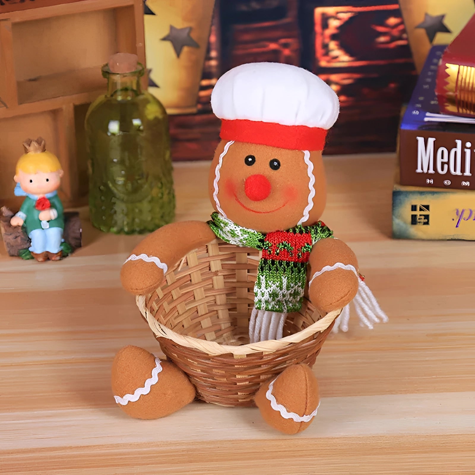 Gingerbread Man plush toy wearing a festive costume hat, surrounded by Christmas decorations, perfect for holiday kitchen decor.