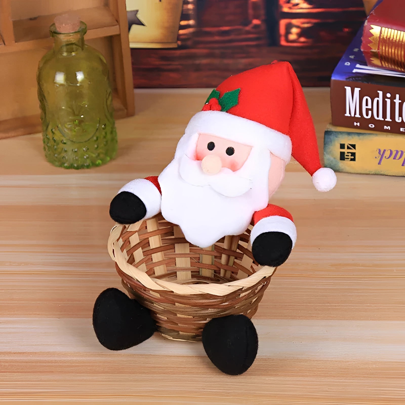 Santa Claus-themed gift basket featuring a gingerbread man plush toy, festive kitchen decor with wooden elements, and a Christmas decoration hat.