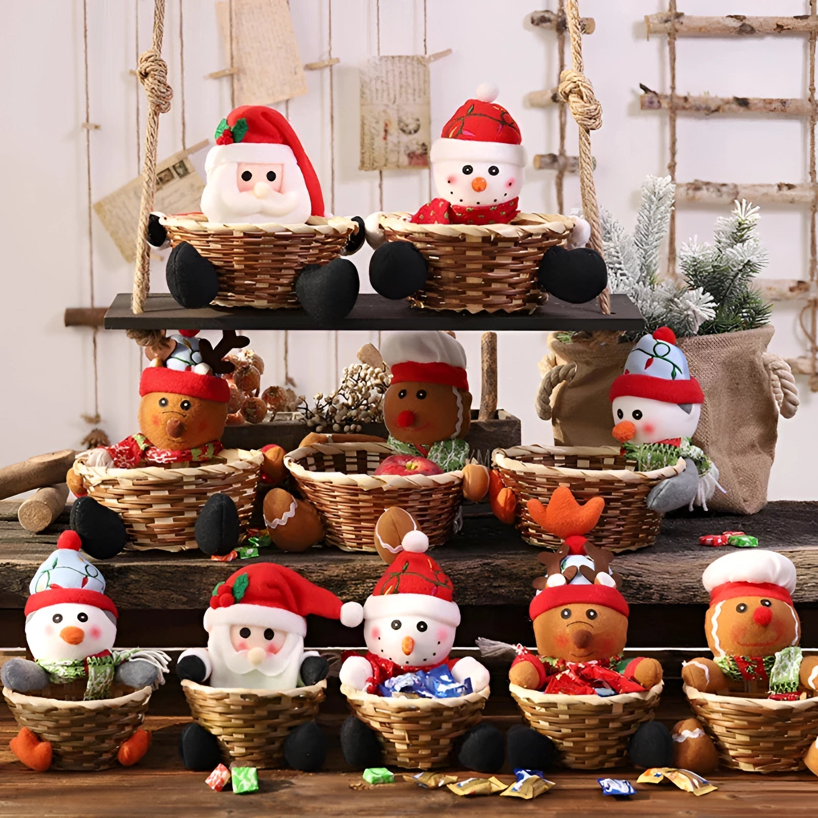 A gift basket featuring a plush gingerbread man wearing a red hat, surrounded by festive kitchen decor items, set on a wooden shelf, ideal as a Christmas decoration or gift.