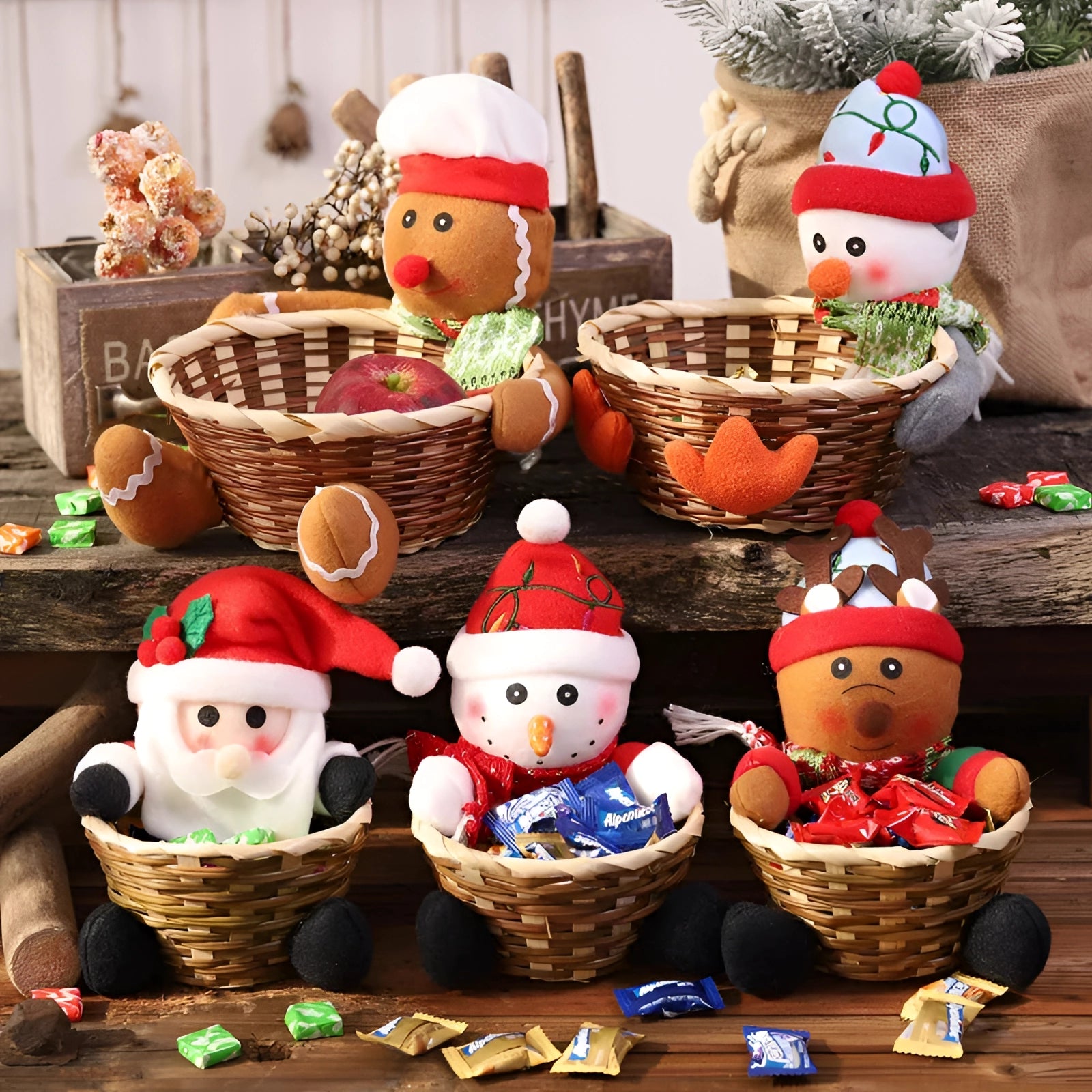 Gingerbread man plush toy wearing a costume hat, surrounded by festive kitchen decor, set against a wooden backdrop, ideal as a Christmas gift basket.