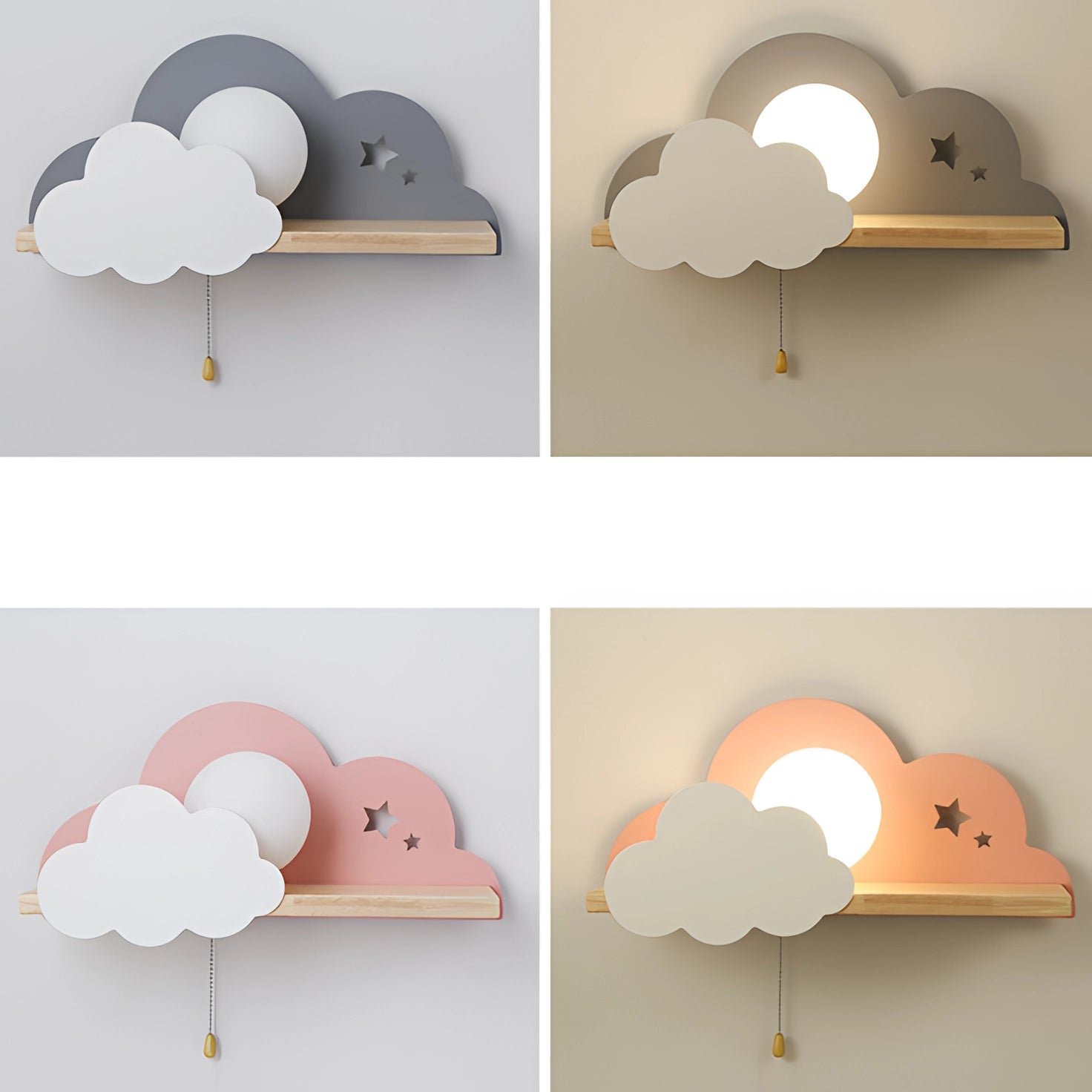 Cloud-shaped LED wall lamp designed as a children's star night light fixture, featuring a white cloud form with integrated lighting. The lamp is mounted on a wall, providing a soft, comforting glow, suitable for a child's bedroom or nursery.