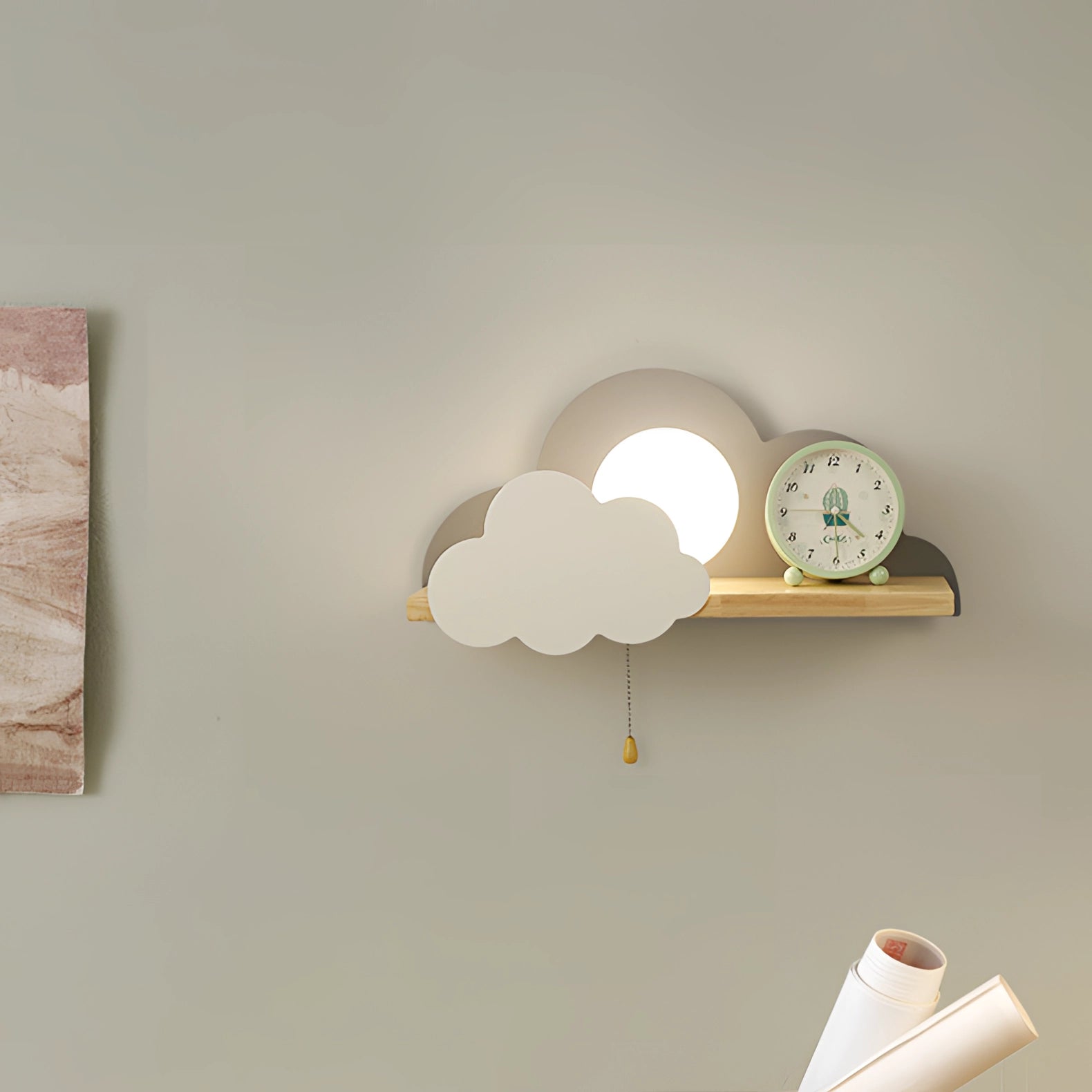 Gray cloud-shaped LED wall lamp for children's room, features star and night light fixture, suitable for USA/Canada voltage 110 V-120 V, mounted on wall with a soft glow ideal for calming nighttime ambiance.