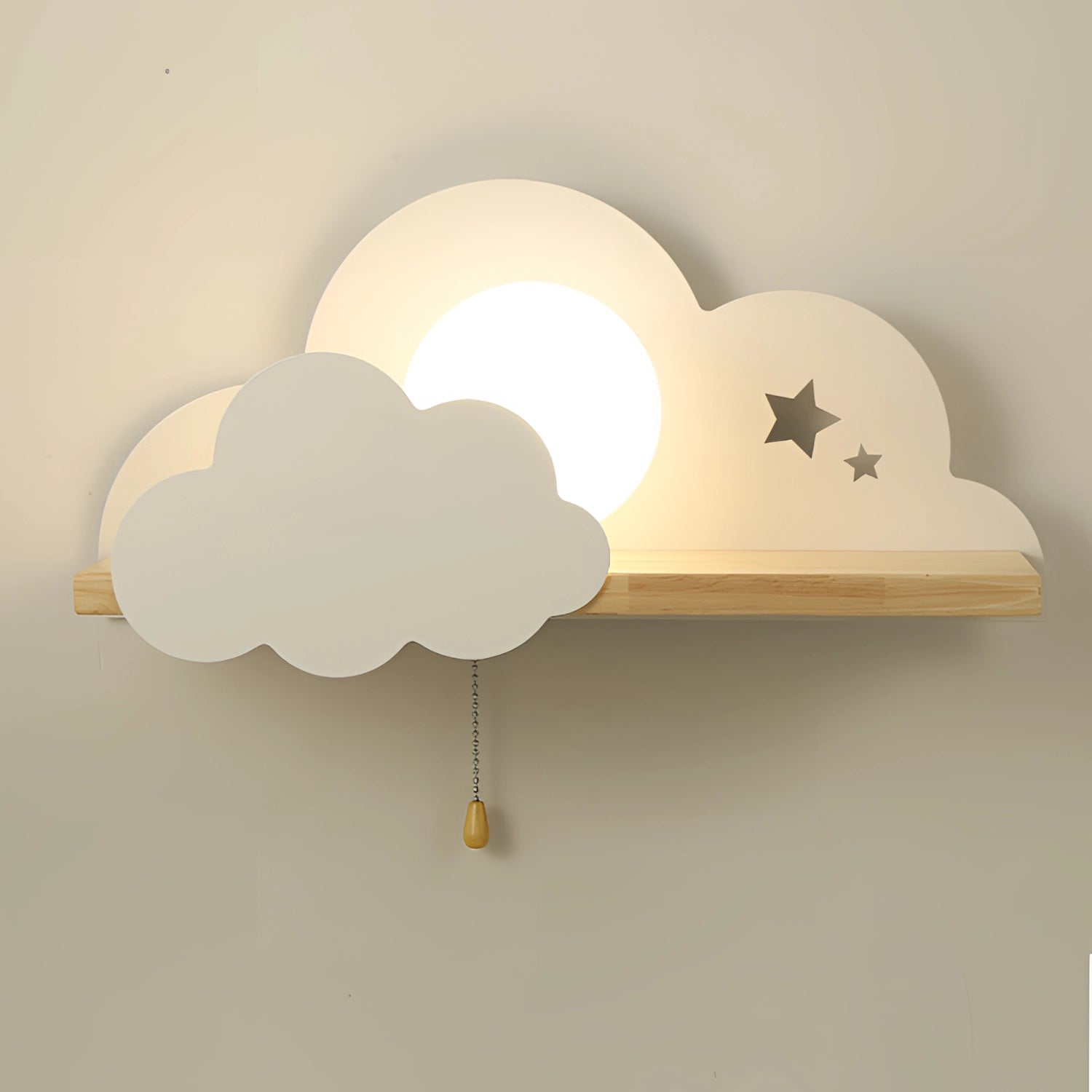 Cloud-shaped LED wall lamp designed for children's rooms, featuring a white star night light fixture suitable for Great Britain and Australia at 220 V-240 V. The lamp has an artistic design with wood accents and a wall sticker element, incorporating tints and shades that create a whimsical and cozy atmosphere.
