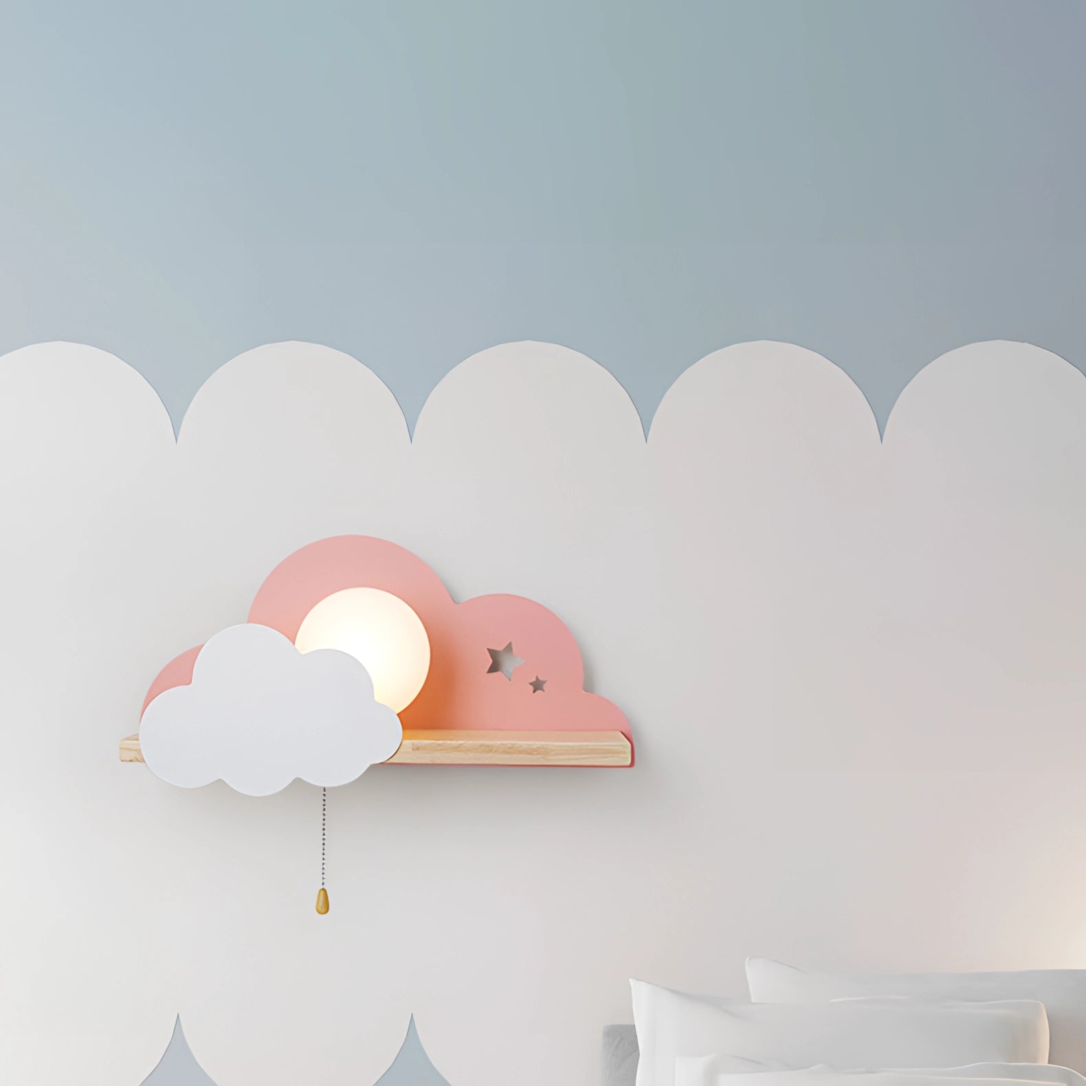 Cloud-shaped LED wall lamp designed as a children's star night light fixture, featuring a cheerful and artistic design with a happy gesture theme, suitable for kids' rooms or nurseries.