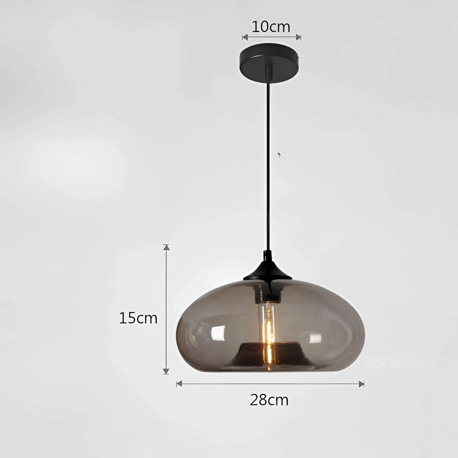 Gray and warm white modern mid-century ceiling fixture featuring a colorful glass pendant light with a circular design.