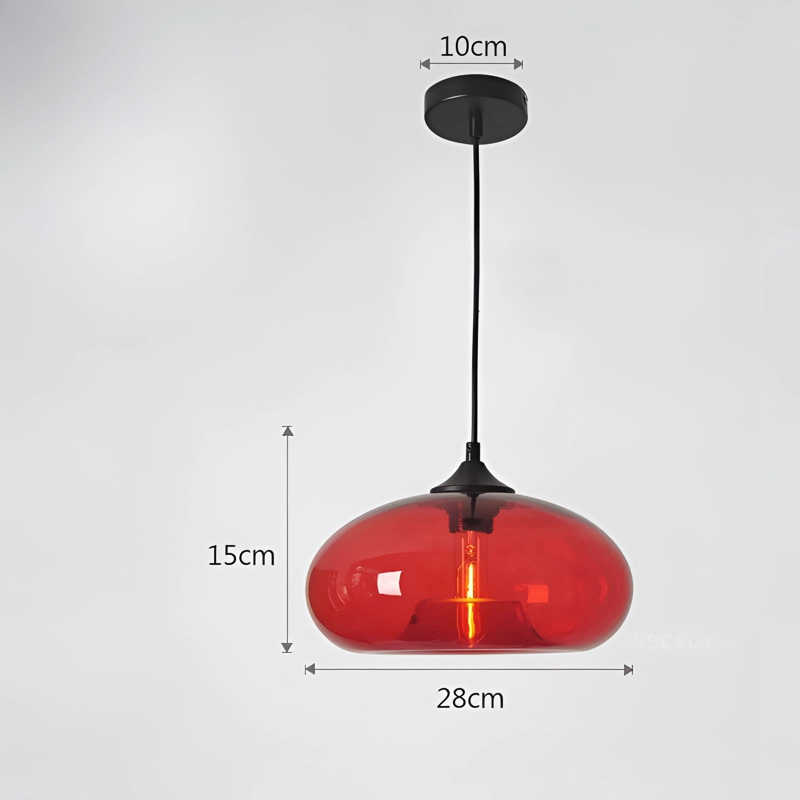 A modern mid-century ceiling fixture showcasing a colorful glass pendant light in a red hue, illuminated with warm white lighting, with a round and smooth glass design that enhances the aesthetic of any contemporary space.