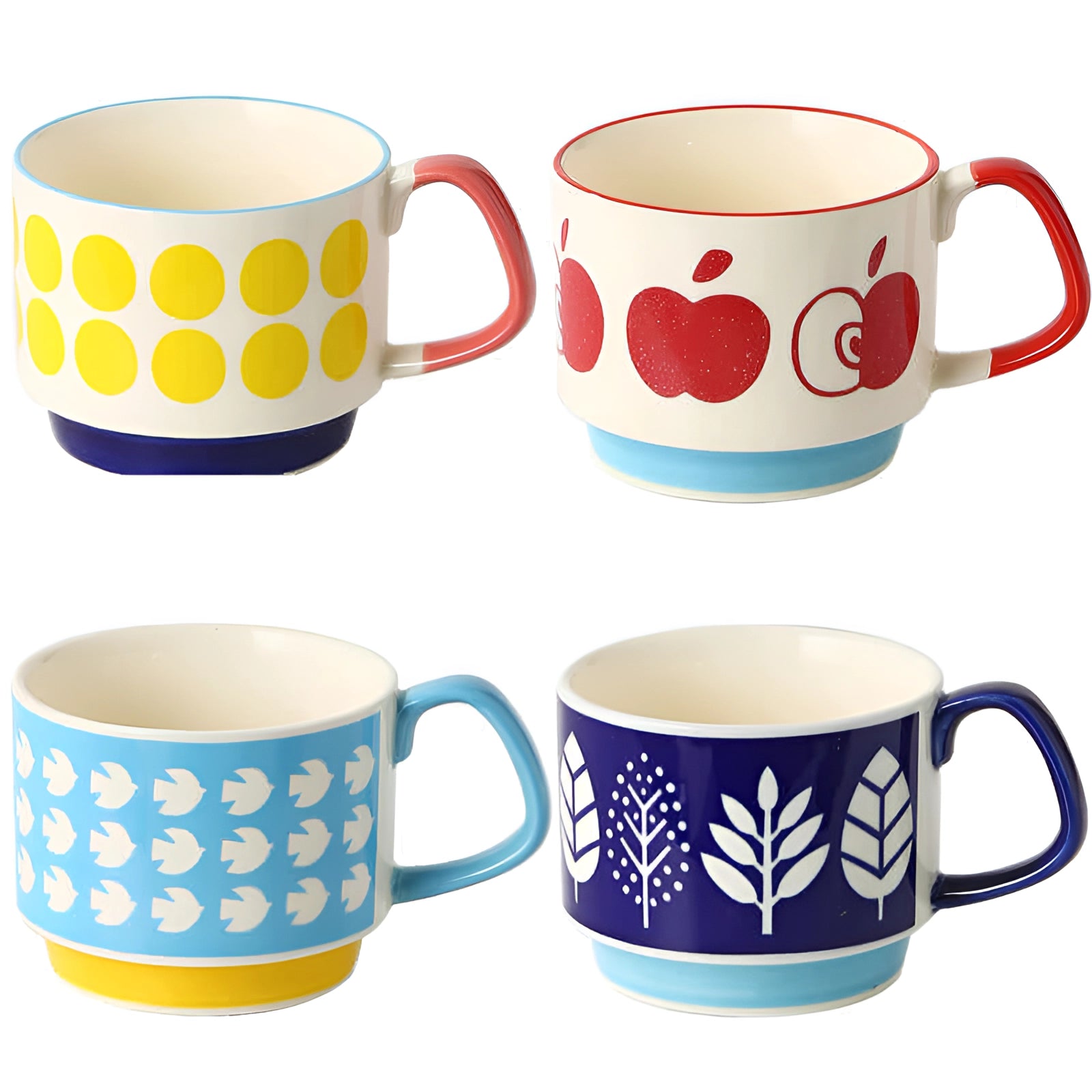 Colorful polka dot ceramic mug with a red handle and blue base, part of a 4-piece cup set, displayed on a table setting.