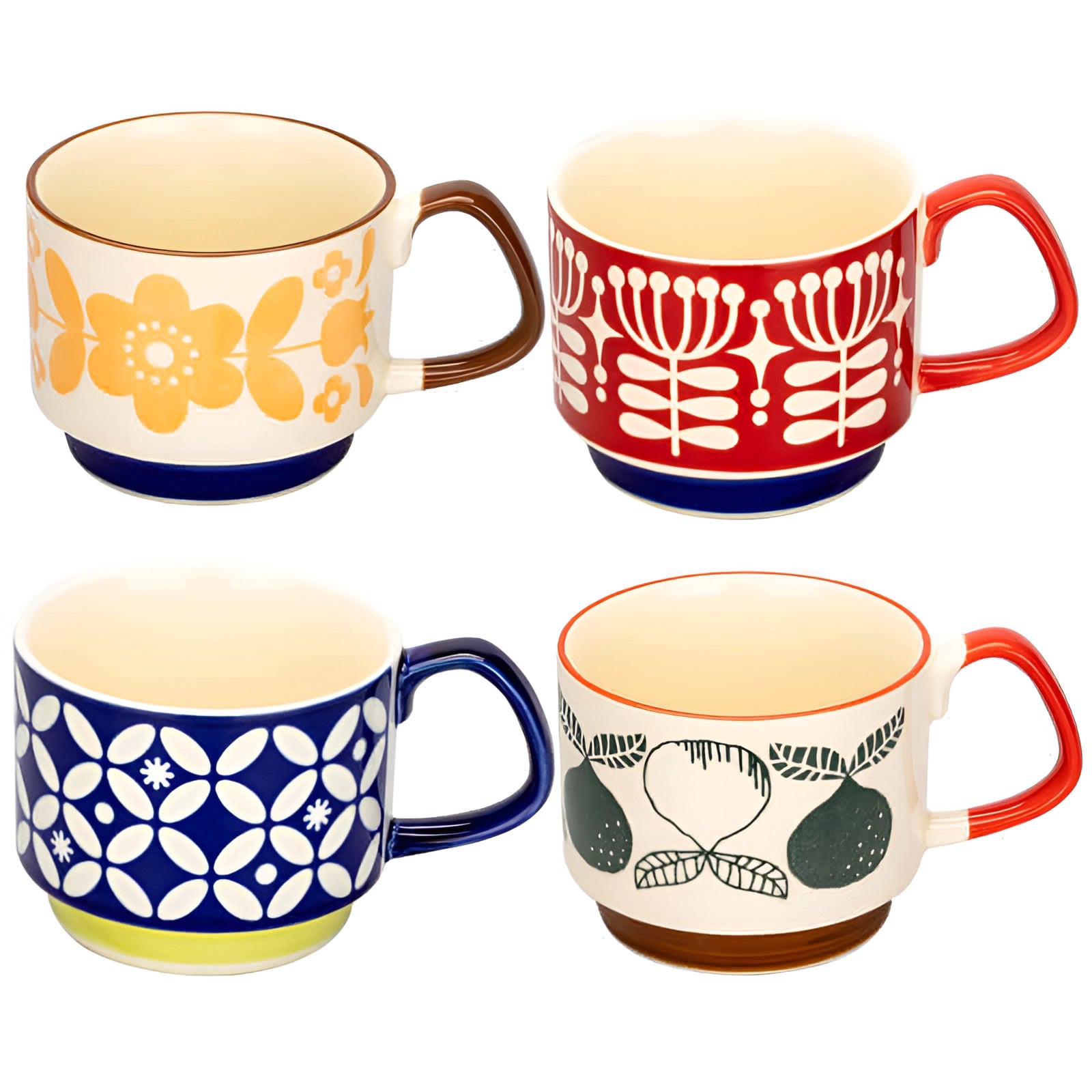 Colorful polka dot ceramic mugs with a red handle and blue base, part of a 4-piece set.